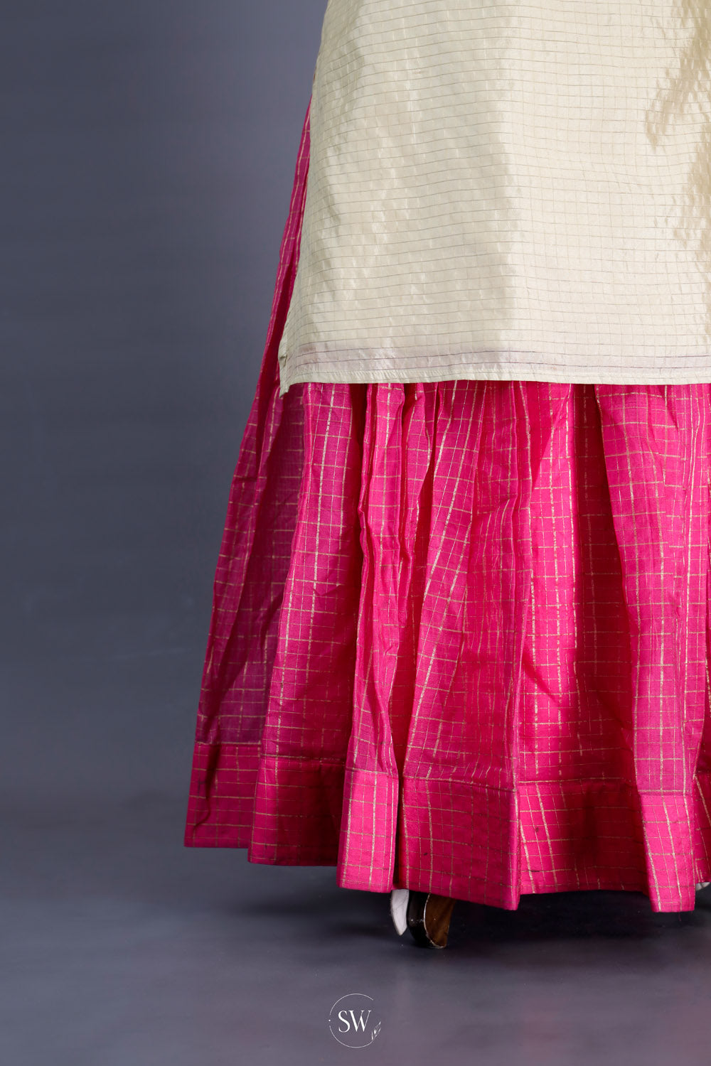 Gold Pink Raw Silk Lehenga Set With Zari Detailing