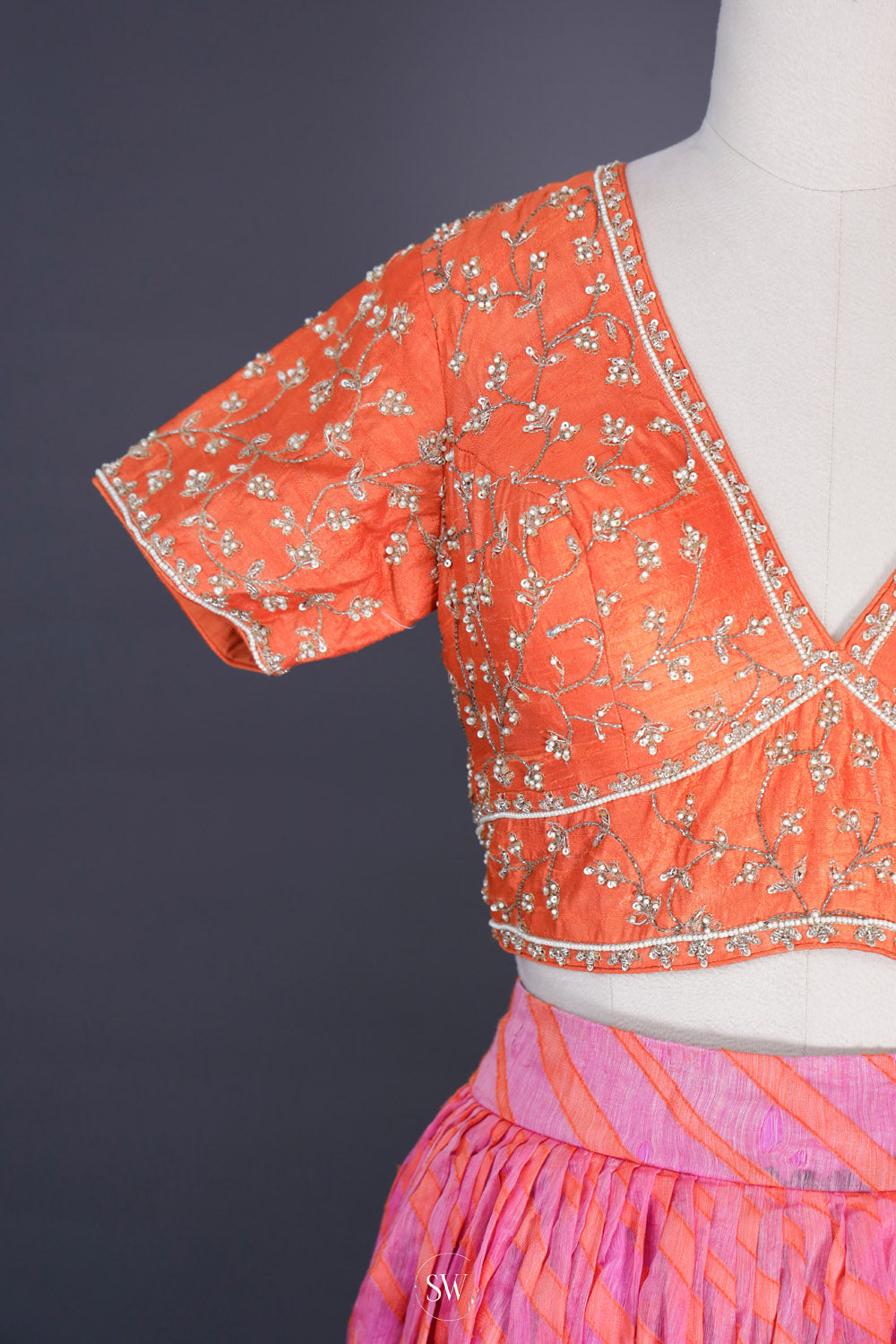 Orange Pink Silk Lehenga Set With Zari Detailing