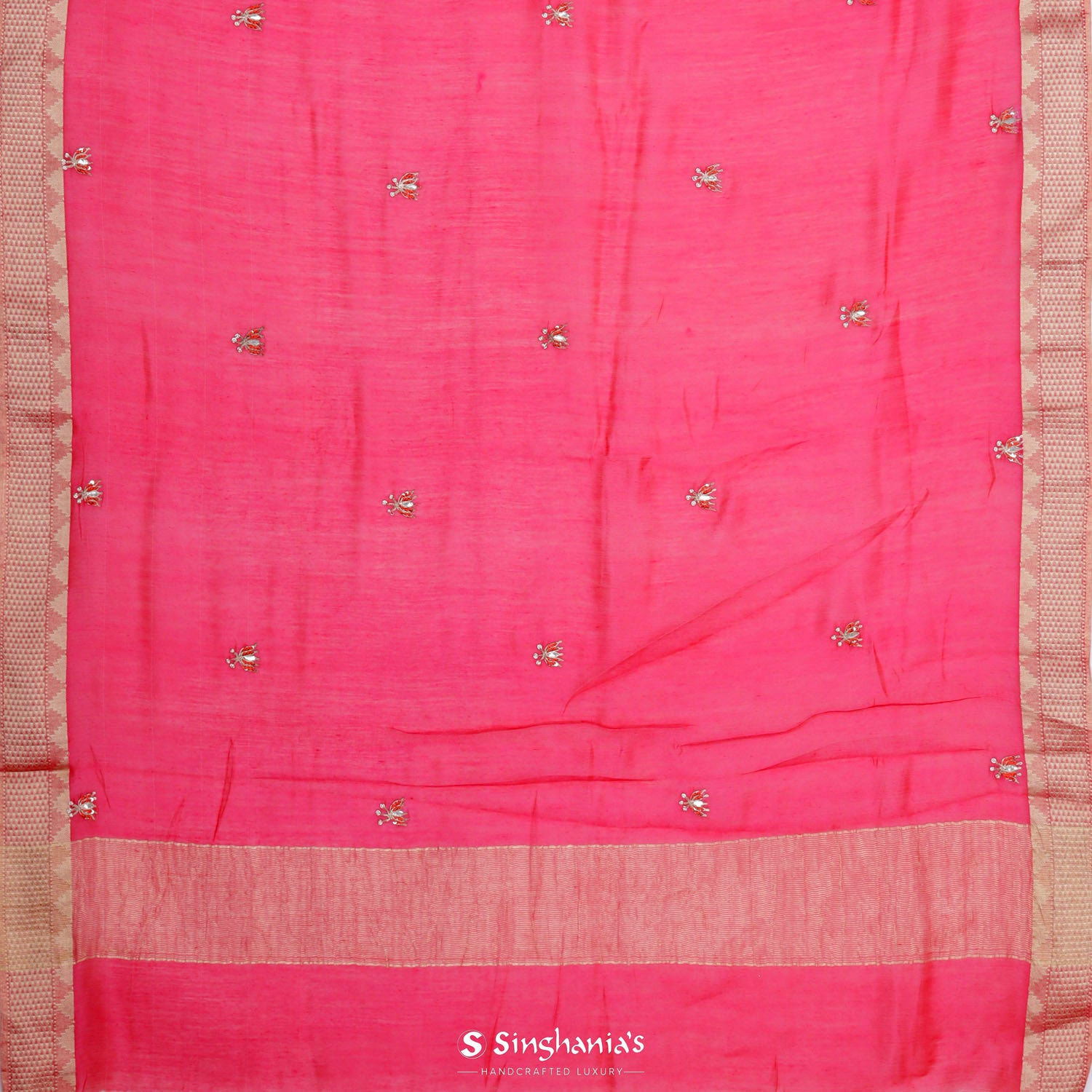 Ruby Pink Moonga Saree With Hand Embroidery Work