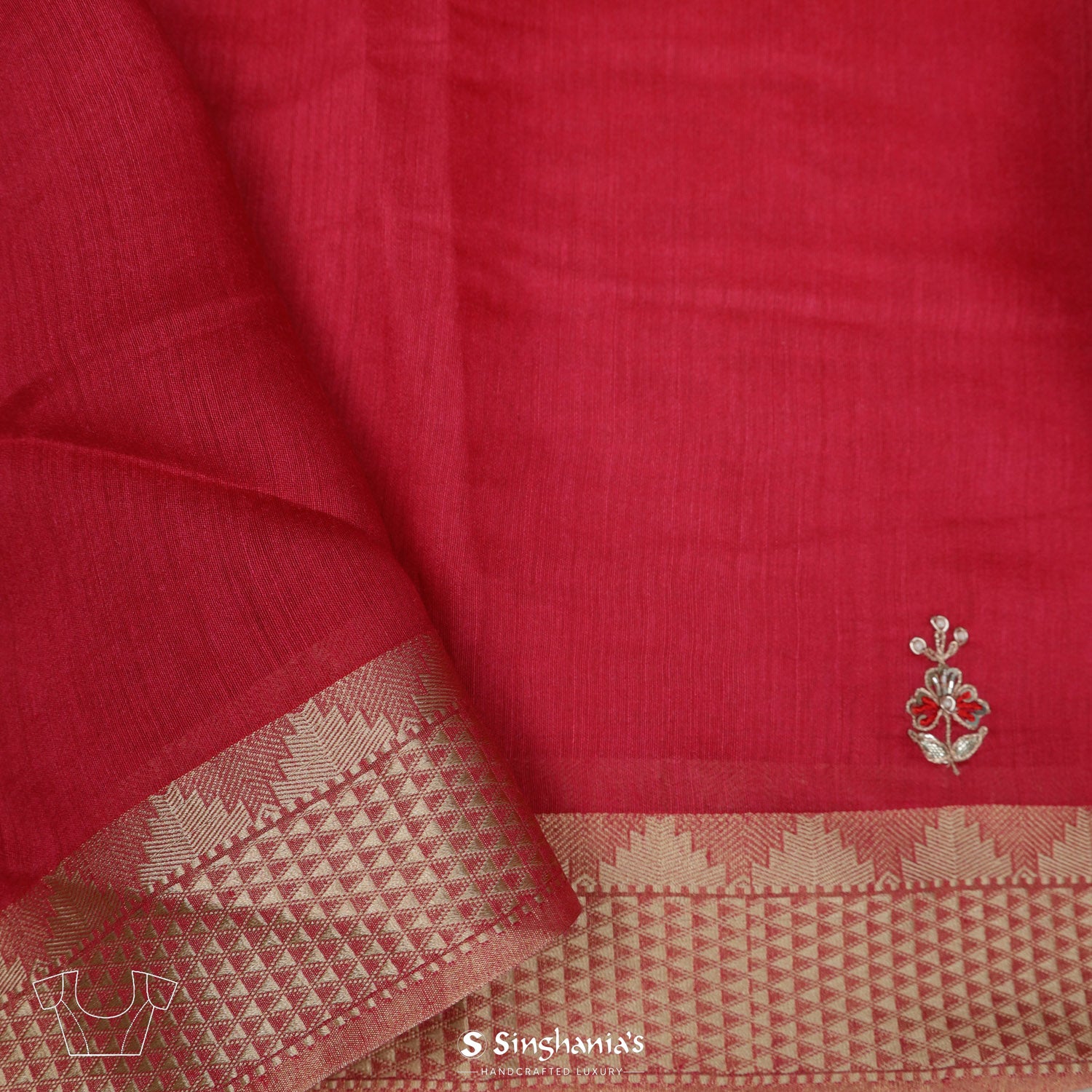 Raspberry Red Moonga Saree With Zari Embroidery Buttis