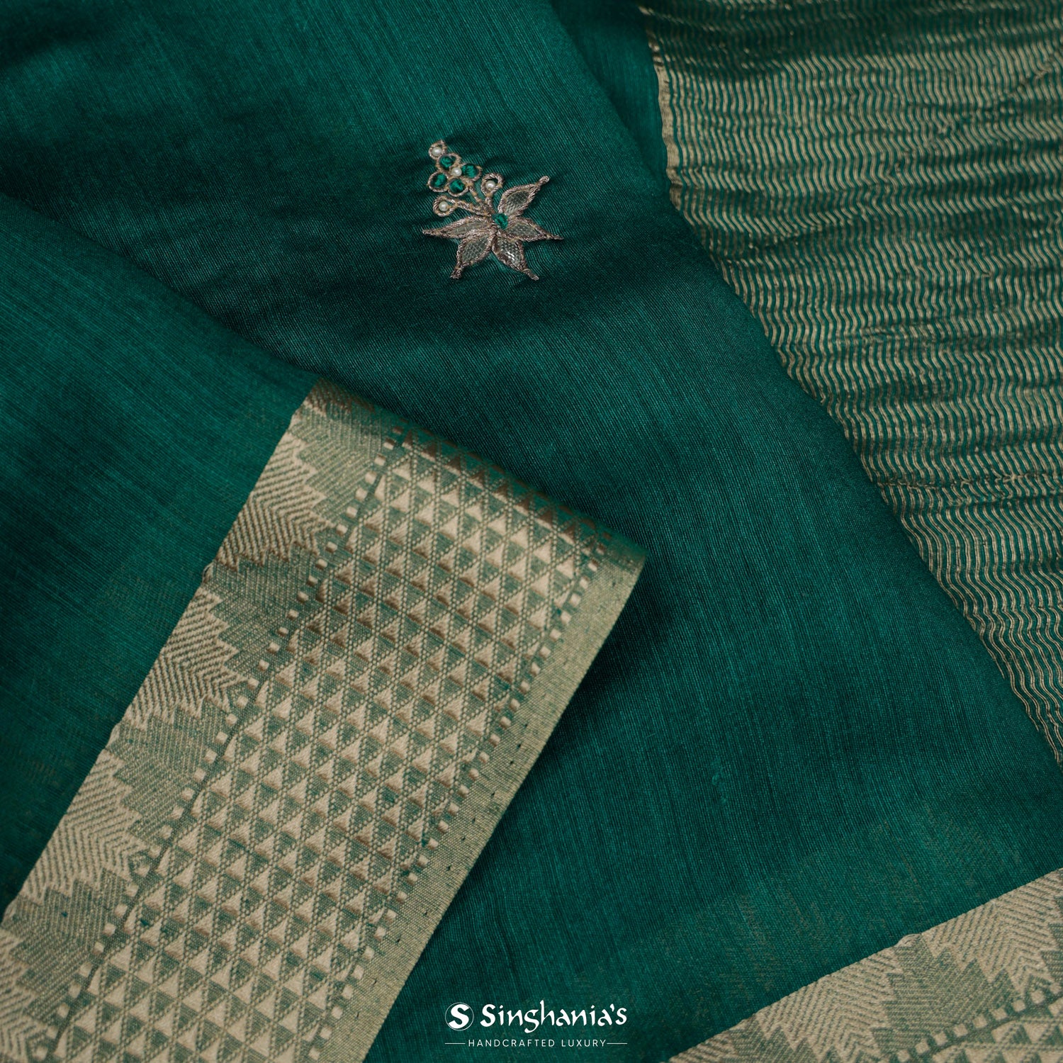 Spanish Viridian Green Moonga Saree With Hand Embroidery Work