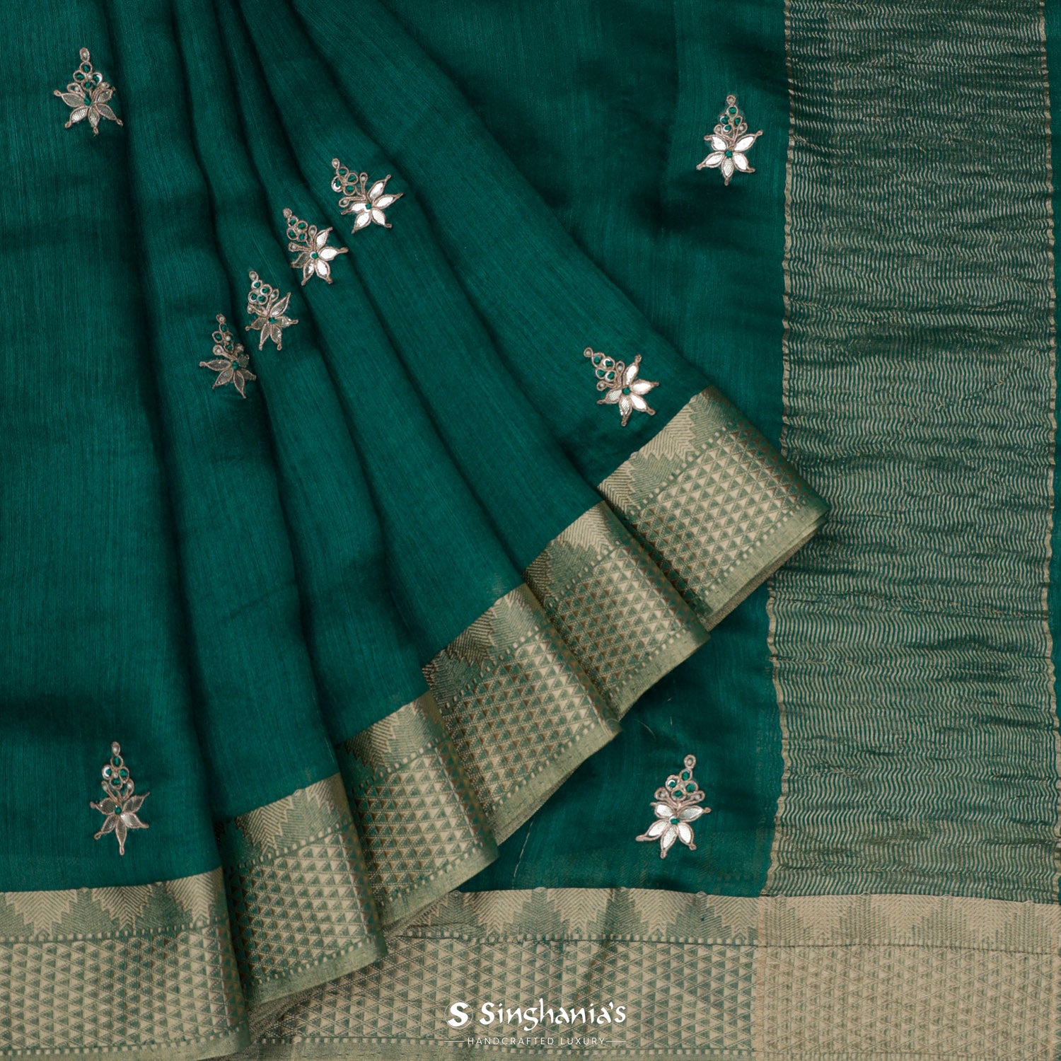 Spanish Viridian Green Moonga Saree With Hand Embroidery Work