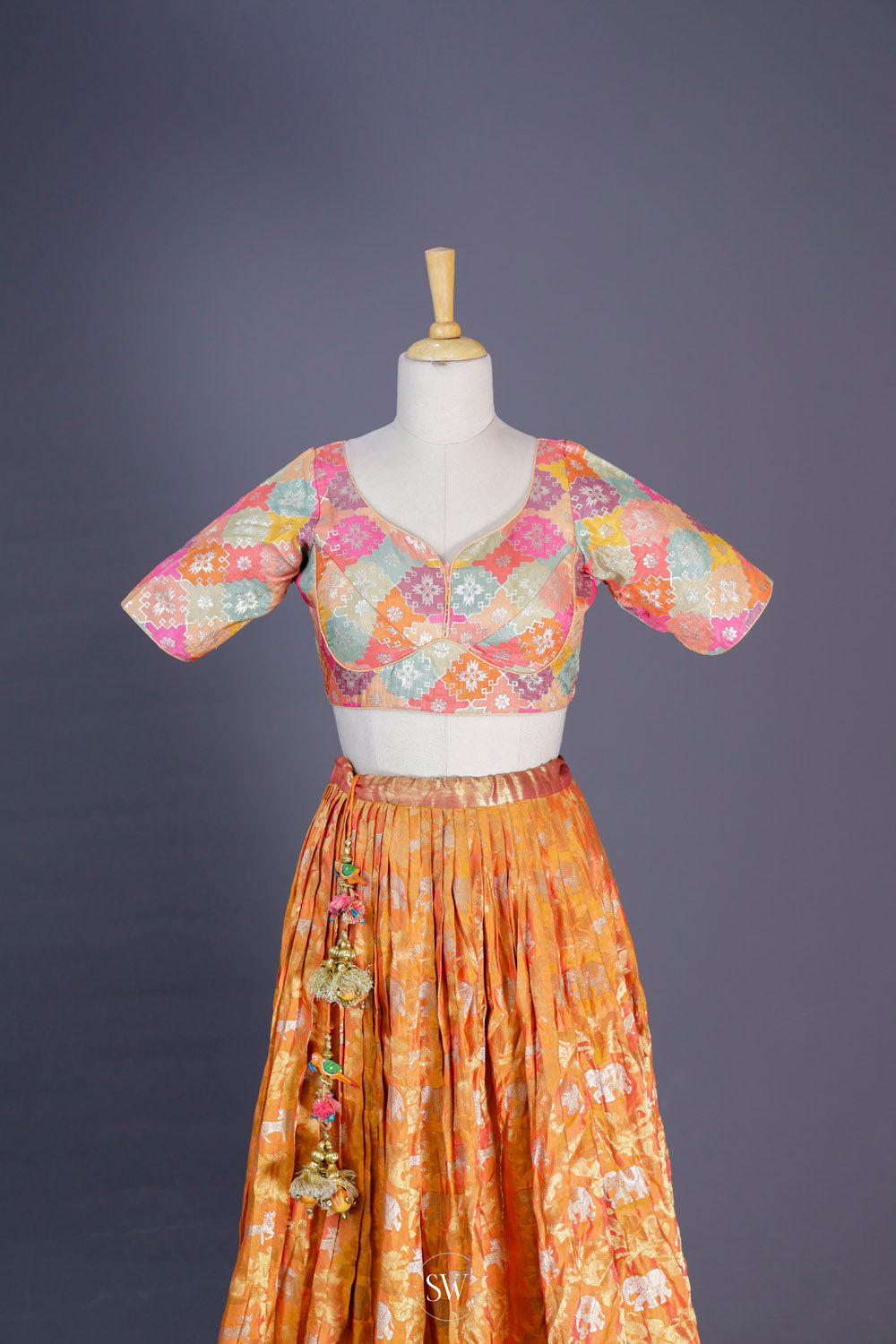 Orange Multicolour Silk Lehenga Set With Zari Weaving