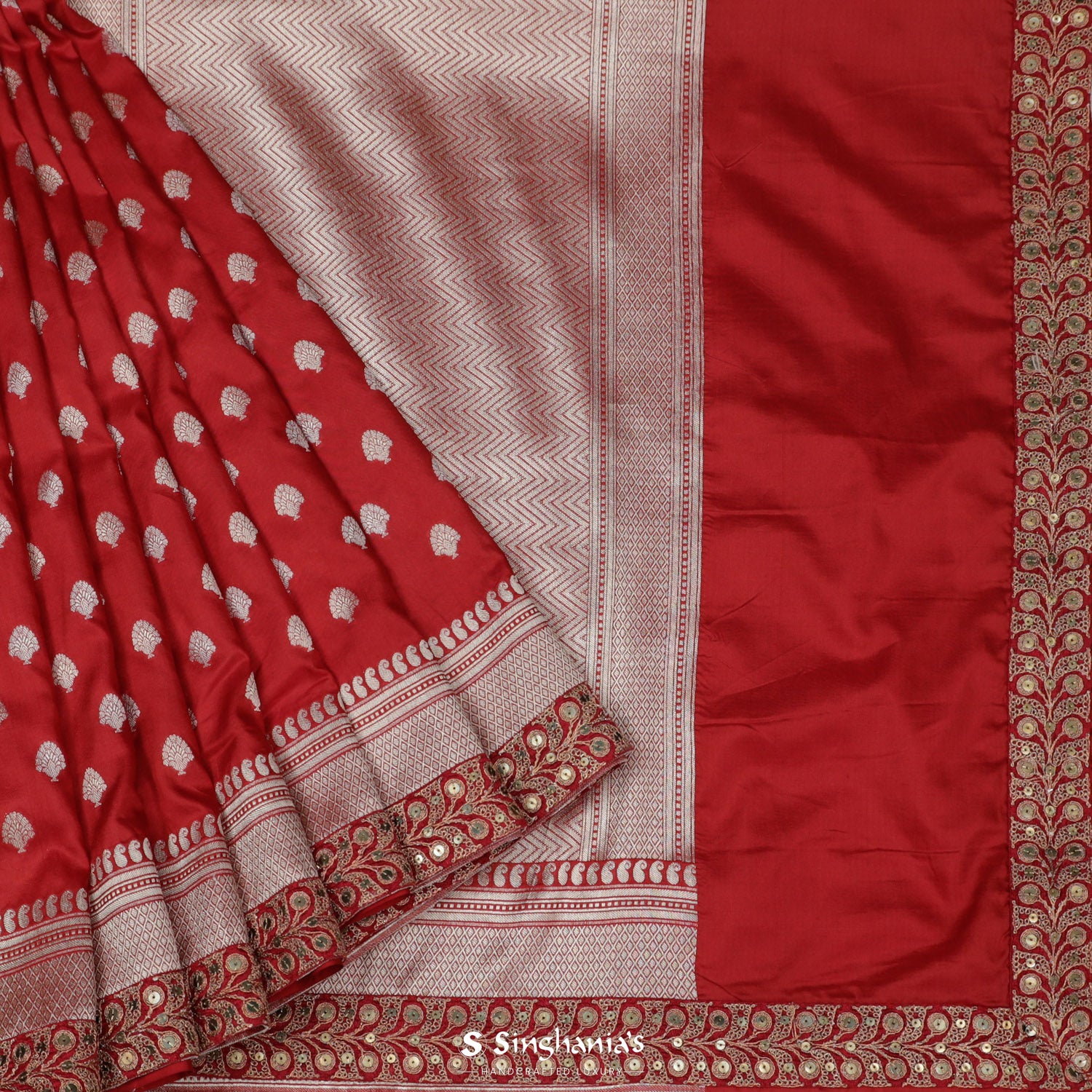 Imperial Red Silk Saree With Floral Buttis In Zari Weaving