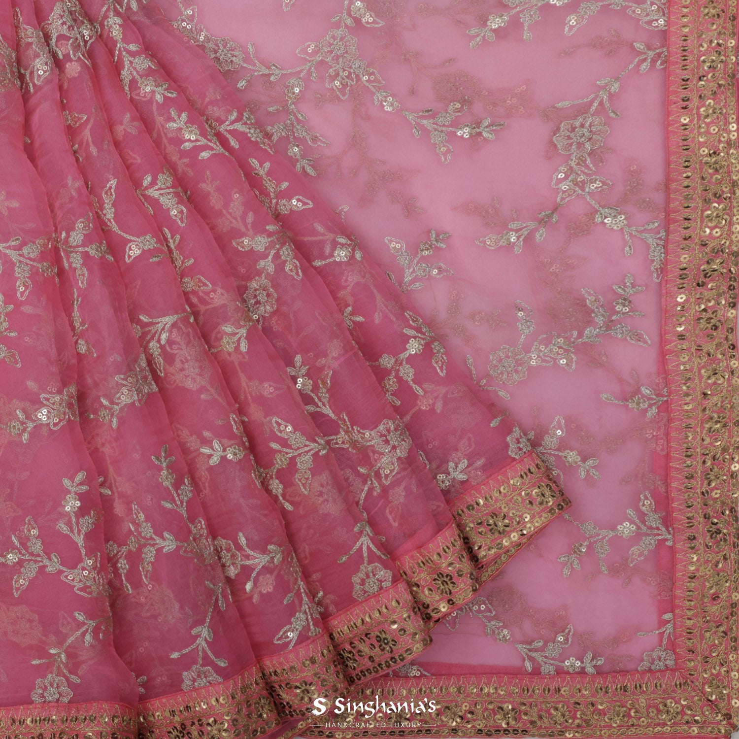Persian Pink Printed Organza Saree With Floral Pattern