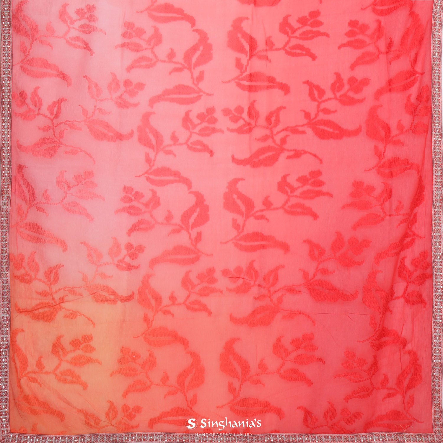 Red Multicolour Chiffon Saree With Embroidery Border