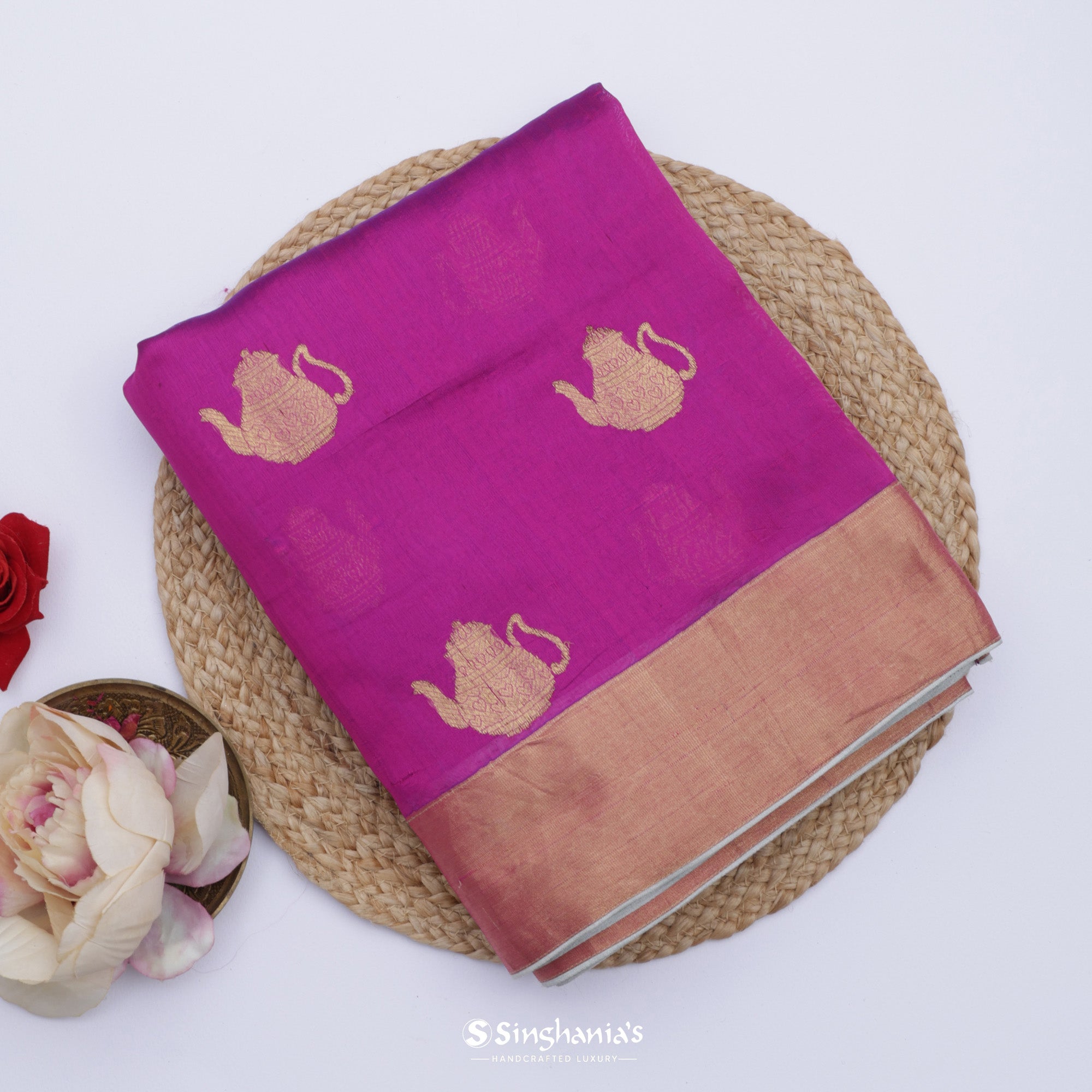 Rosy Pink Silk Saree With Jamdani Weaving