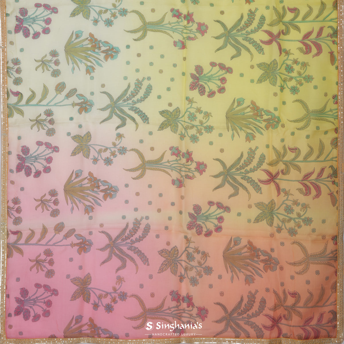 Pink - Yellow Printed Kota Silk Saree With Floral Pattern