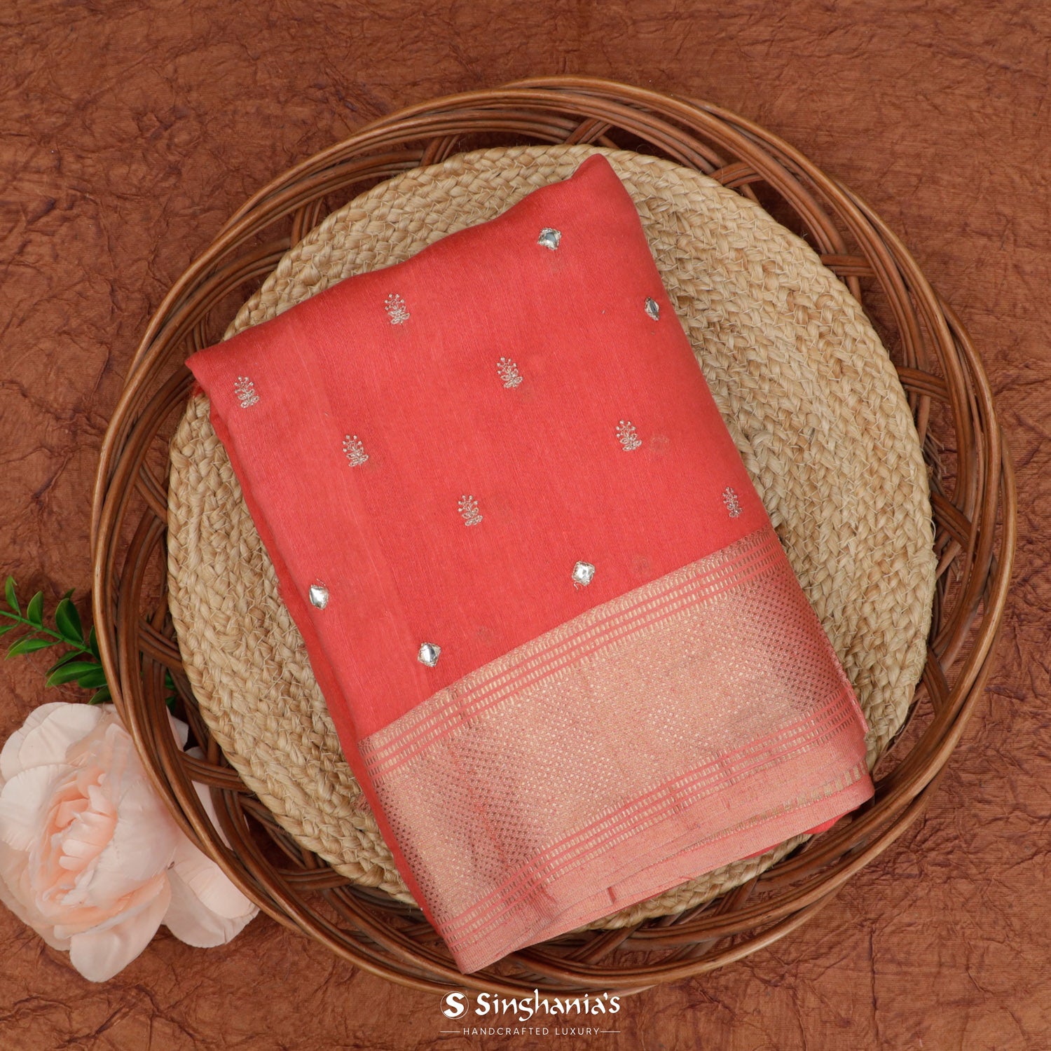 Prismatic Red Linen Saree With Floral Buttis