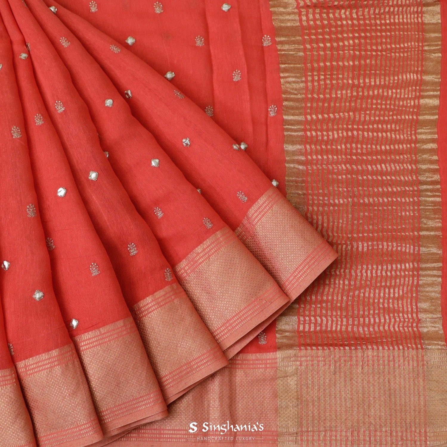 Prismatic Red Linen Saree With Floral Buttis