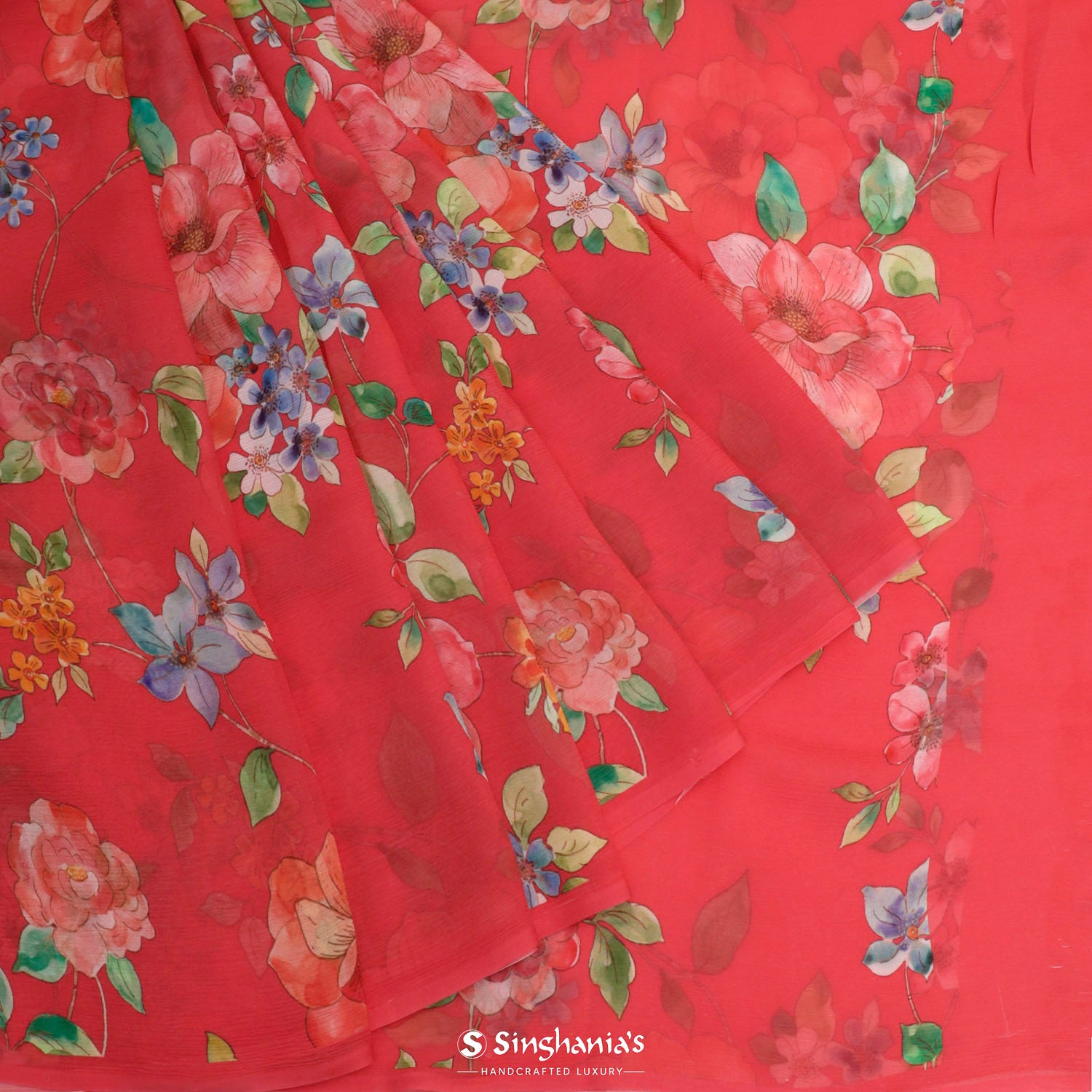 Neon Fuchsia Pink Printed Chiffon Saree With Floral Pattern