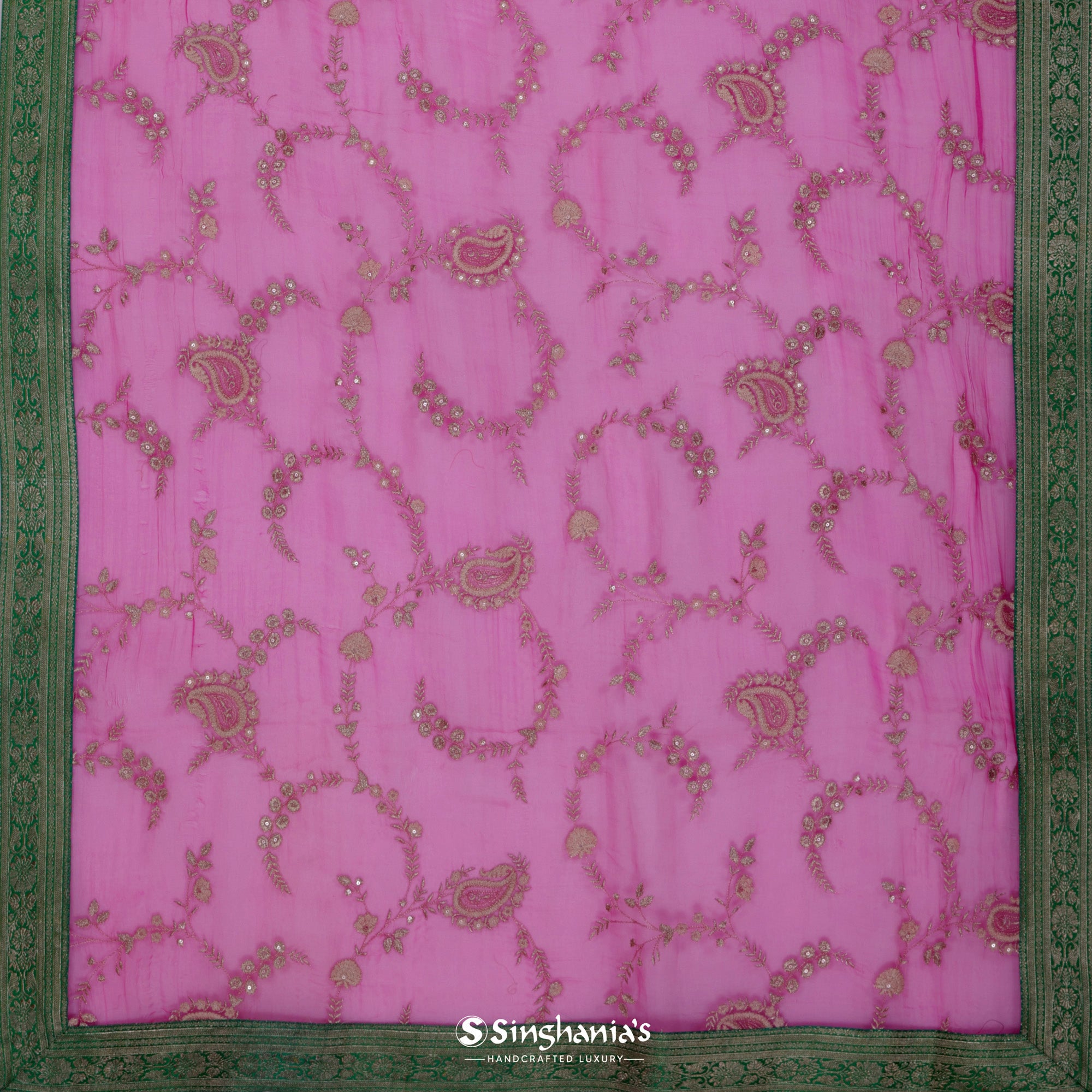 Magenta-Rich Pink Organza Saree With Thread Embroidery