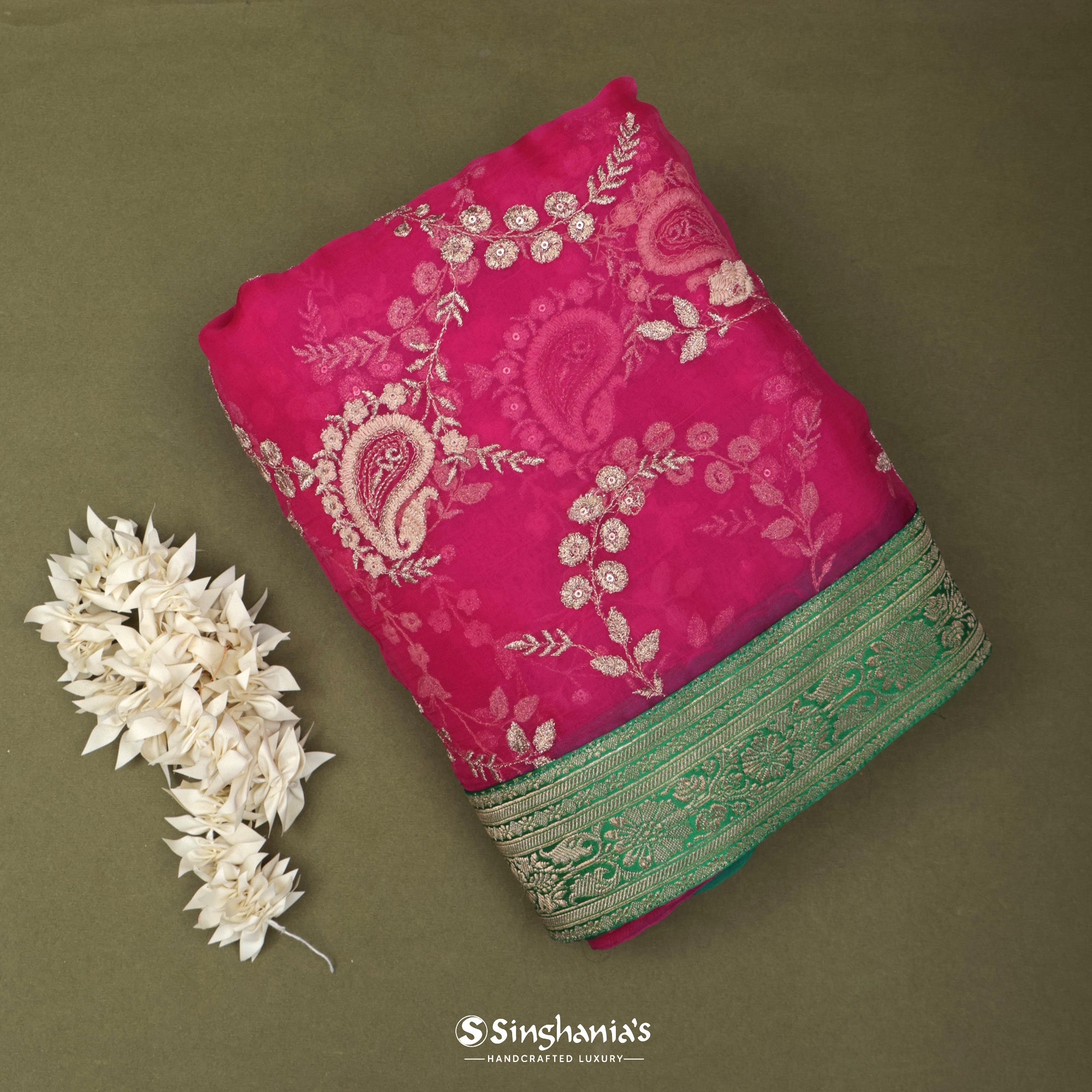Magenta-Rich Pink Organza Saree With Thread Embroidery