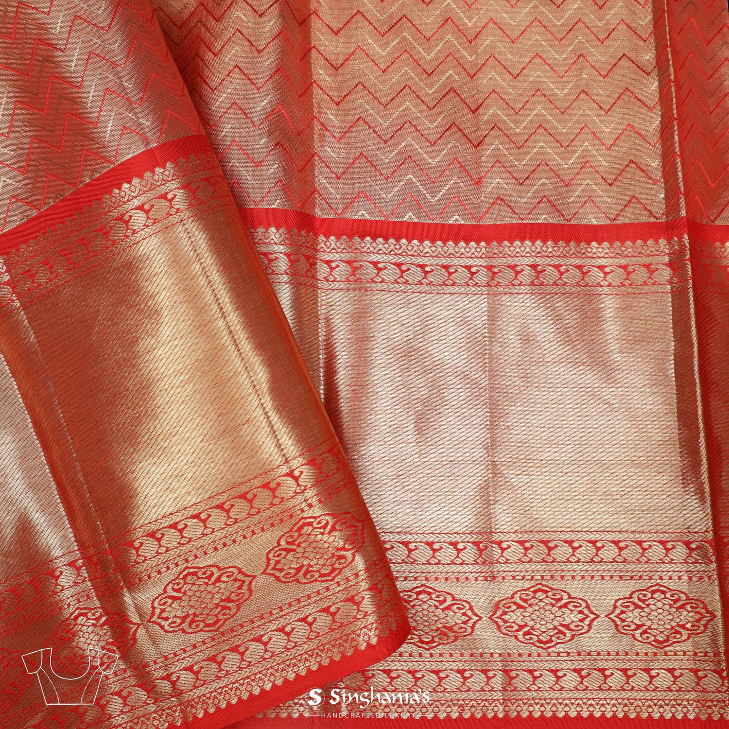 Peach Gold Kanchi Saree With Floral Jaal Pattern