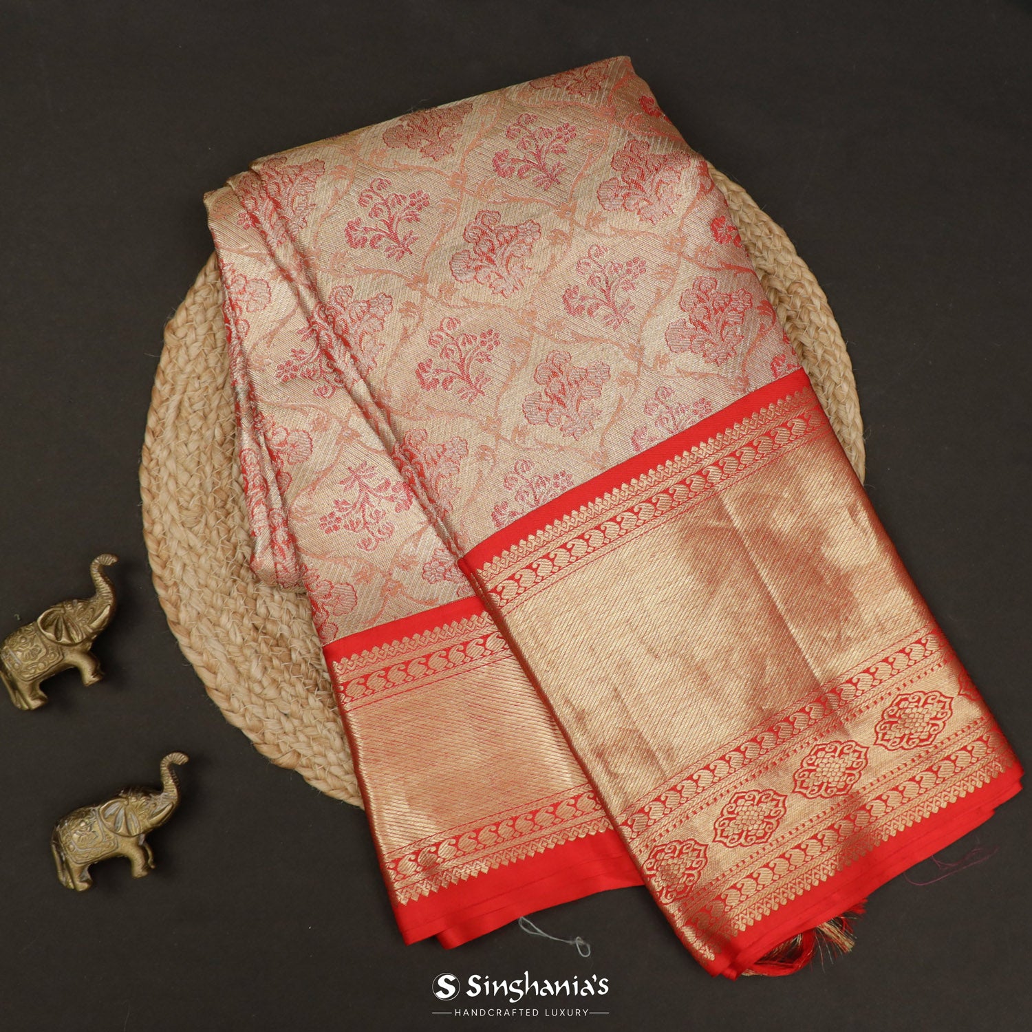 Peach Gold Kanchi Saree With Floral Jaal Pattern
