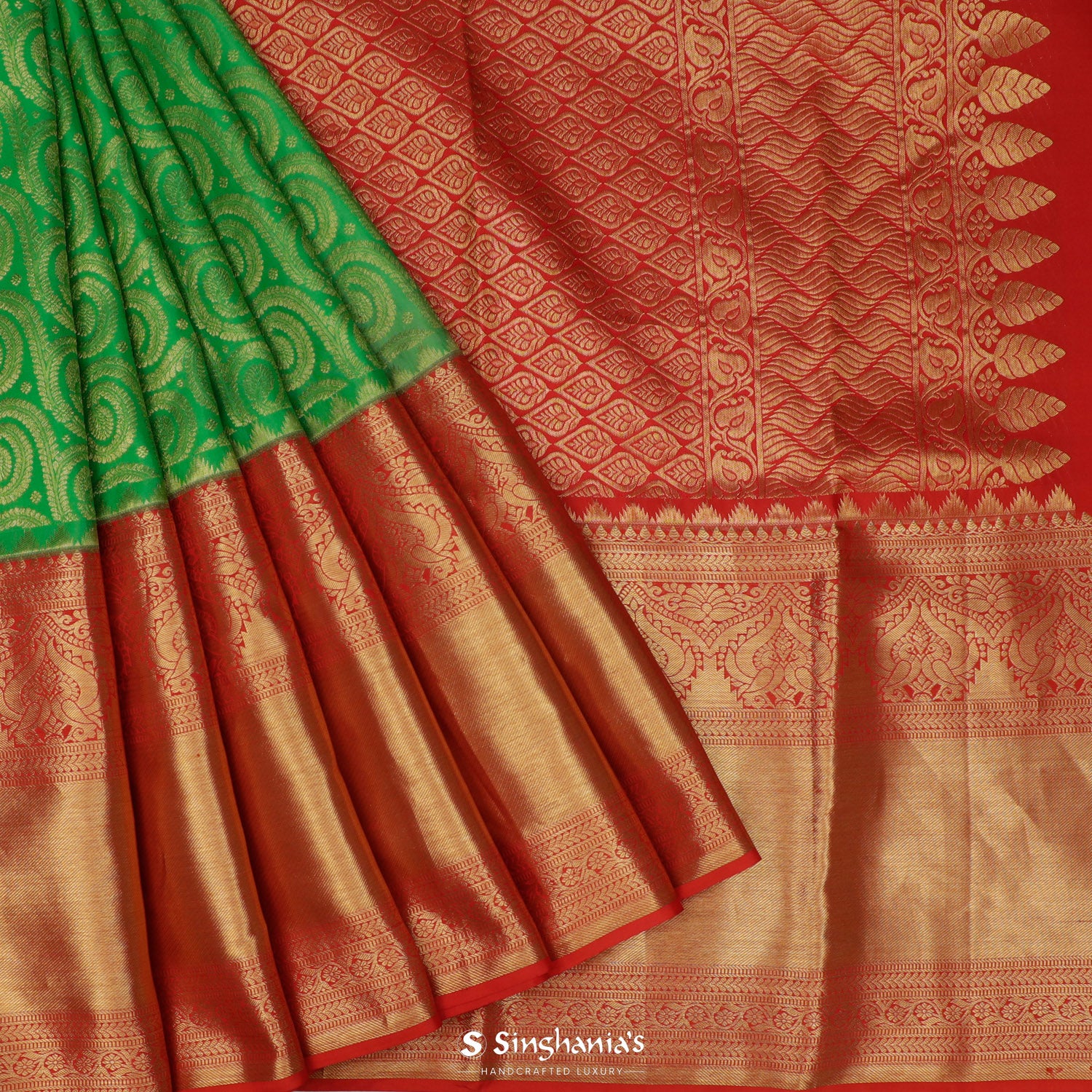 Emerald Green Kanjivaram Saree With Floral Jaal Pattern