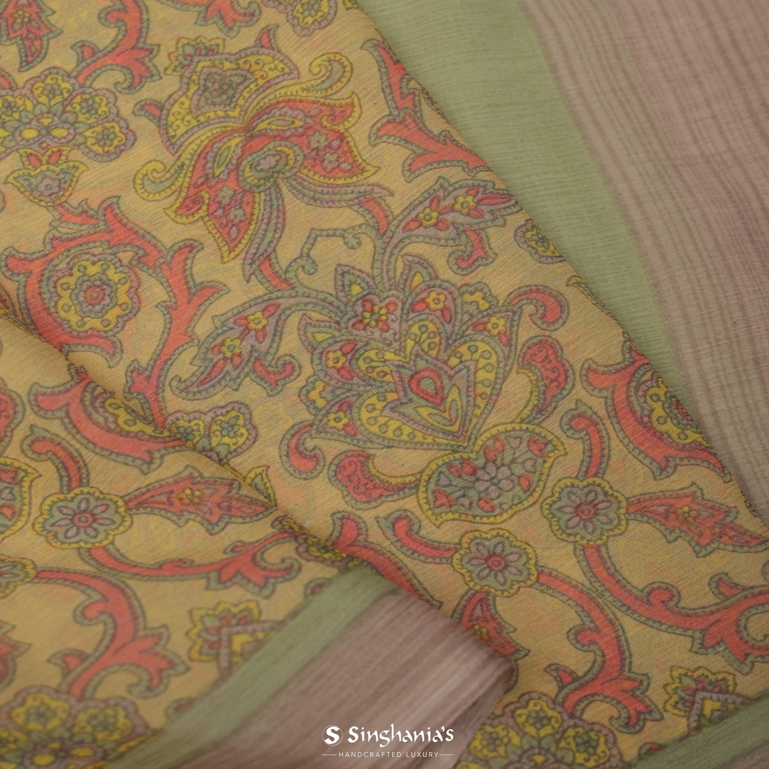 Old Yellow Printed Chiffon Saree With Floral Jaal Pattern