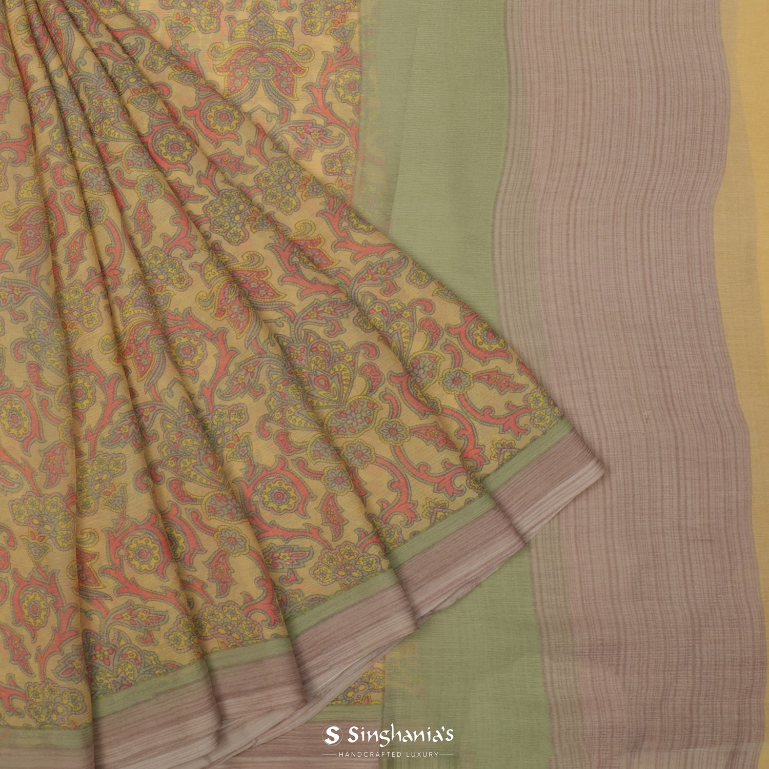 Old Yellow Printed Chiffon Saree With Floral Jaal Pattern