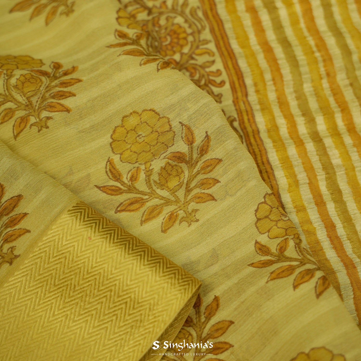 Real Gold Yellow Printed Chiffon Saree With Floral Pattern