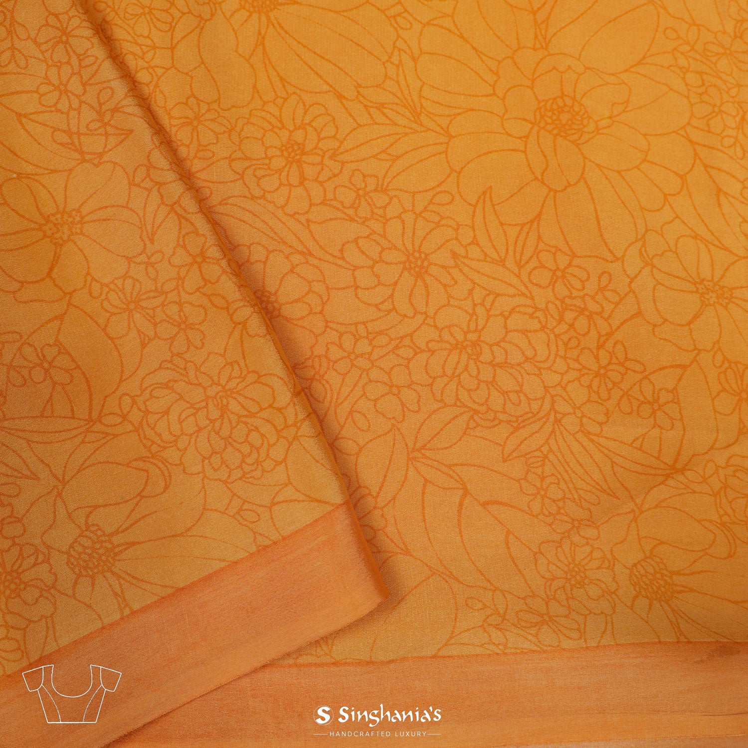 Neon Orange Printed Chiffon Saree With Floral Pattern