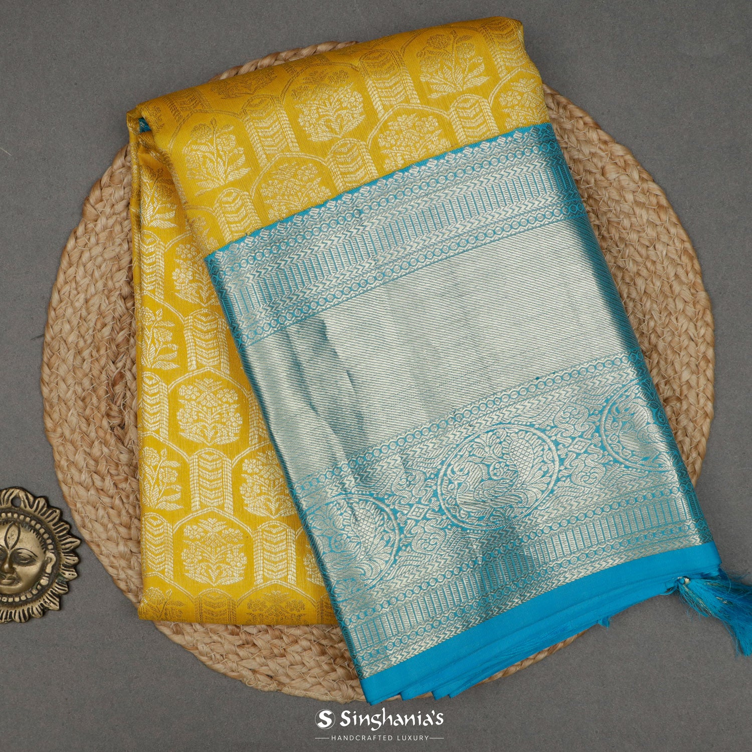 Dandelion Yellow Kanjivaram Silk Saree With Floral Butti Pattern