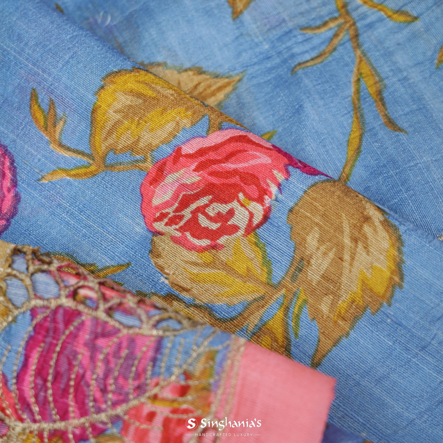 Baby Blue Printed Dupion Saree With Floral Pattern