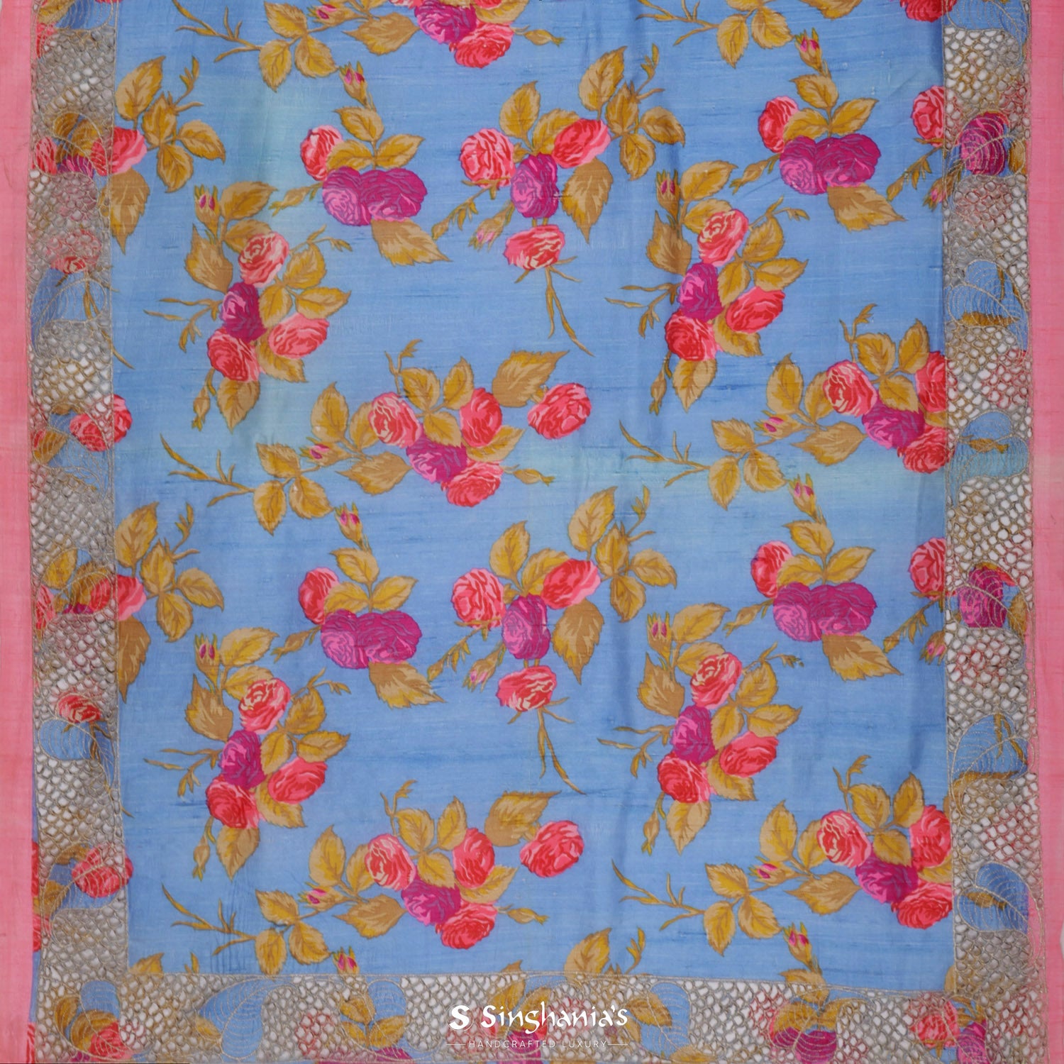 Baby Blue Printed Dupion Saree With Floral Pattern