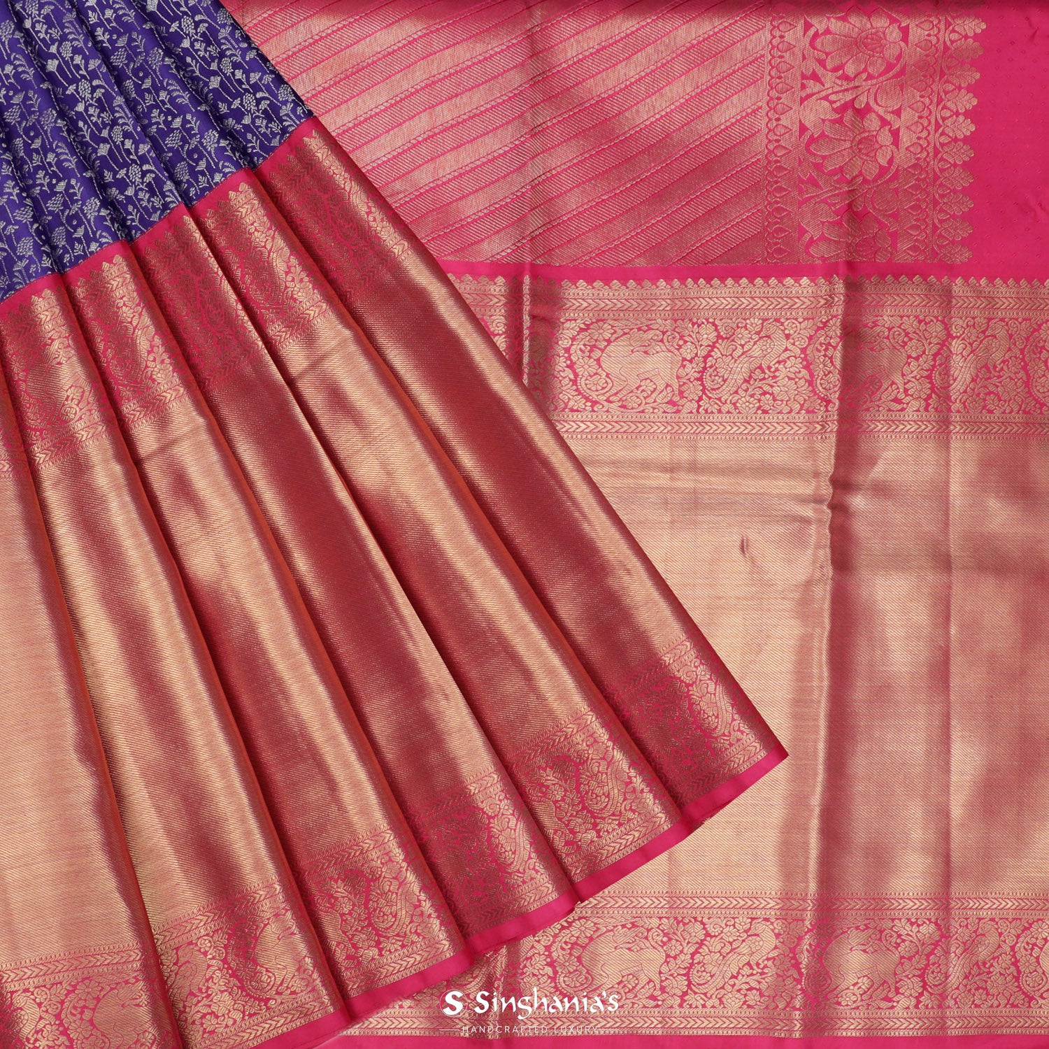 Aesthetic Purple Kanchi Saree With Floral Jaal Pattern