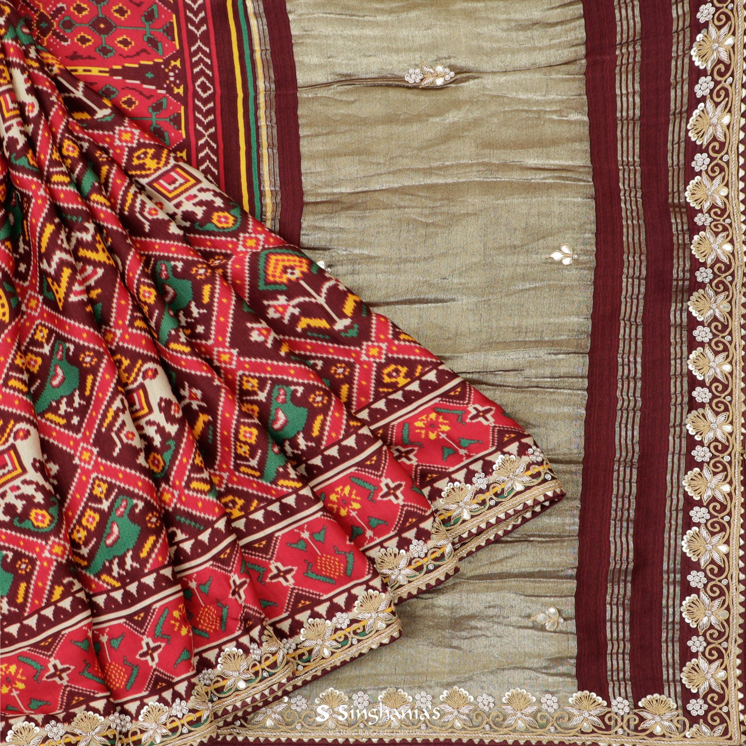 Mahogany Red Satin Saree With Patola Pattern