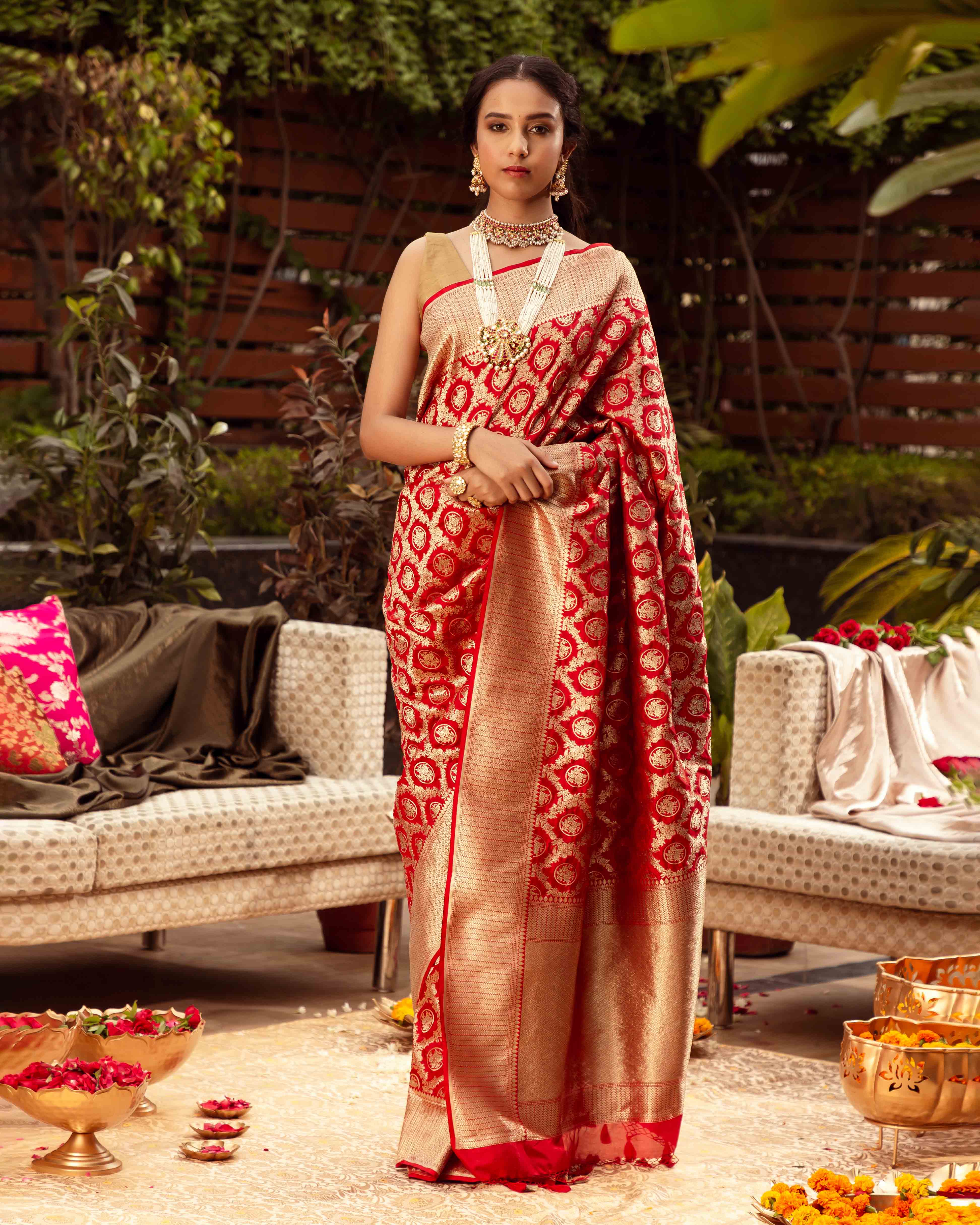 Bright Red Banarasi Silk Handloom Saree With Jaal Design