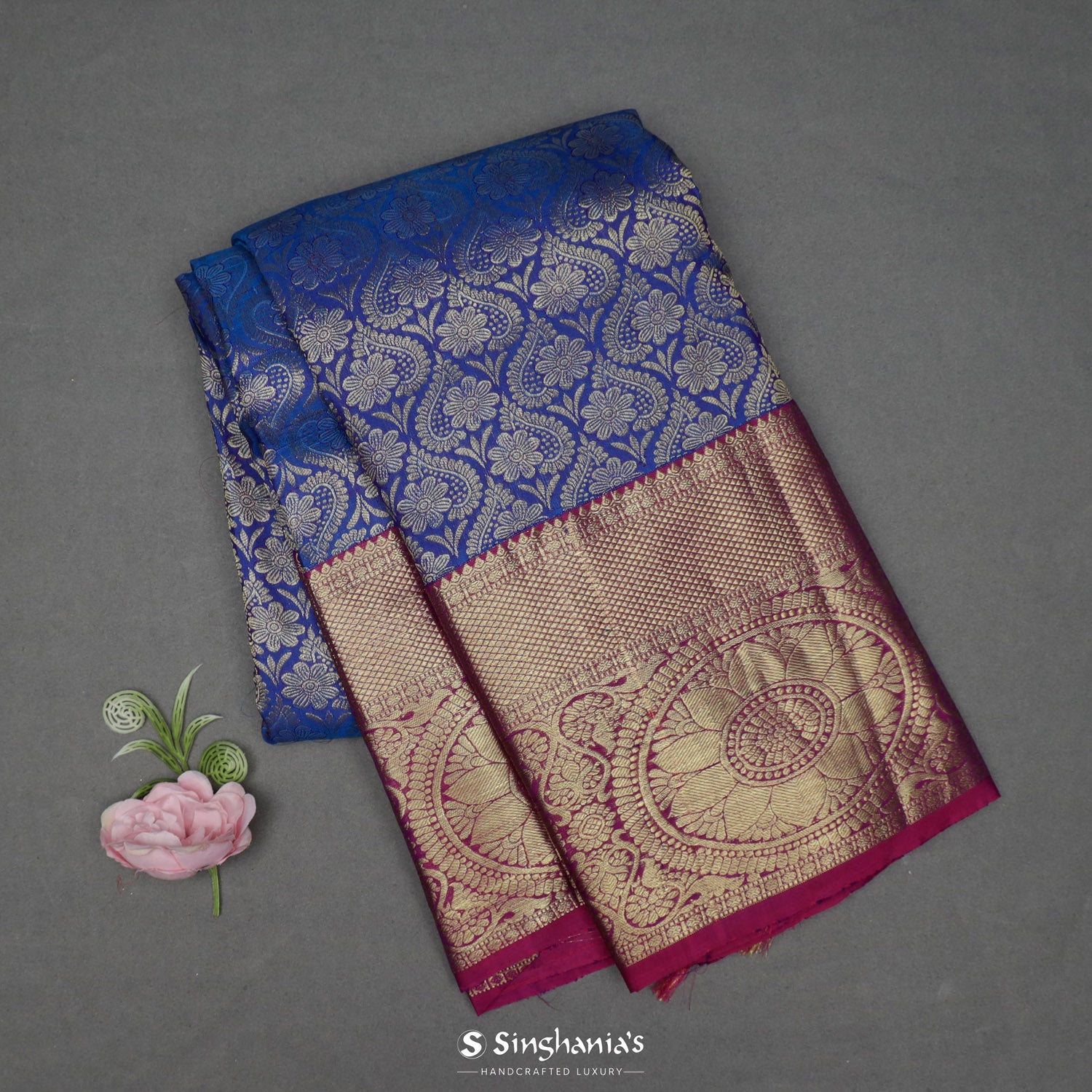 Liberty Blue Kanchi Saree With Floral Zari Weaving