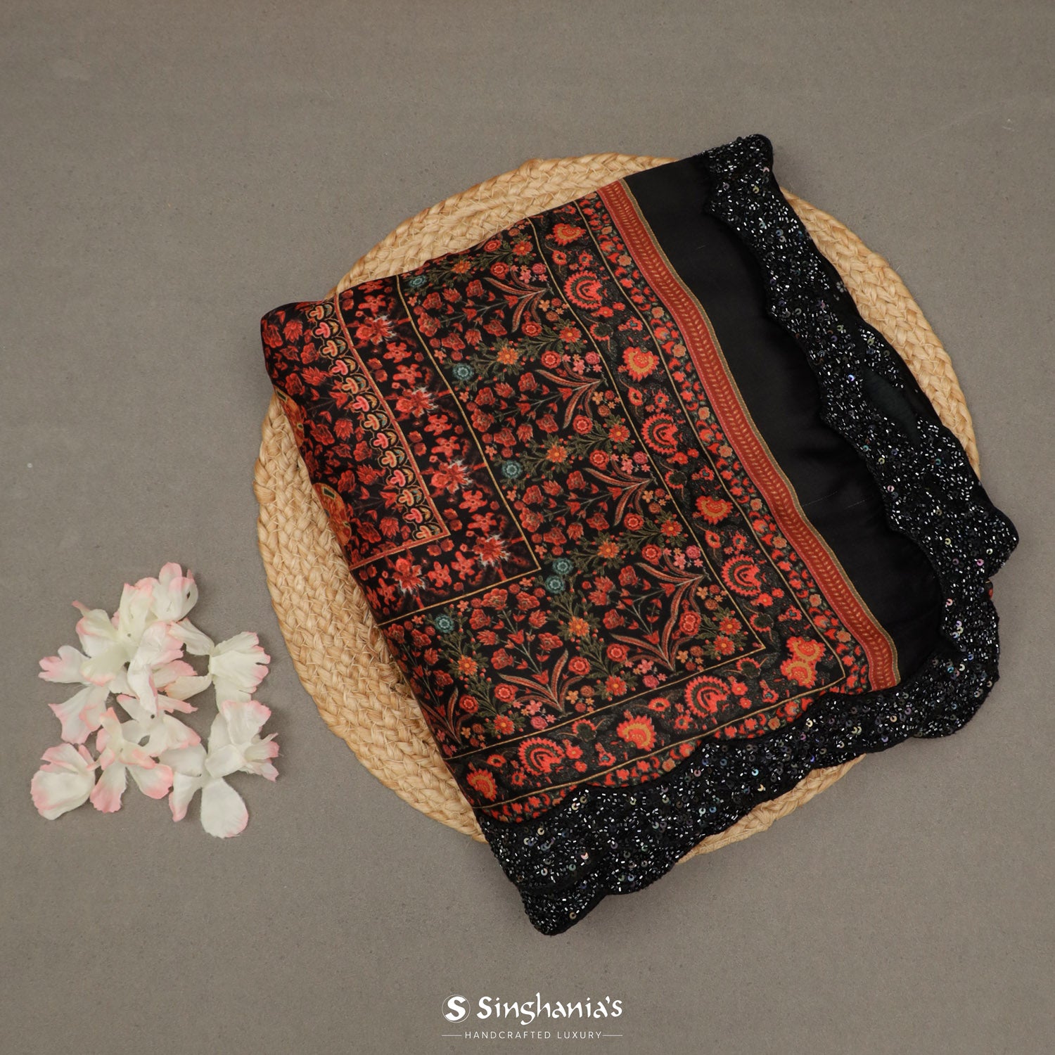 Black Printed Satin Saree With Floral Paisely Pattern