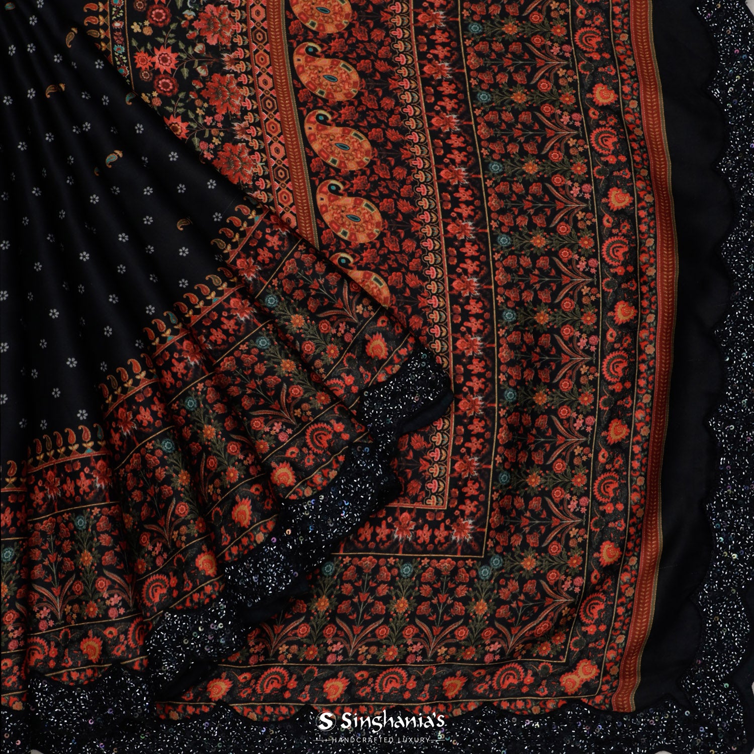 Black Printed Satin Saree With Floral Paisely Pattern
