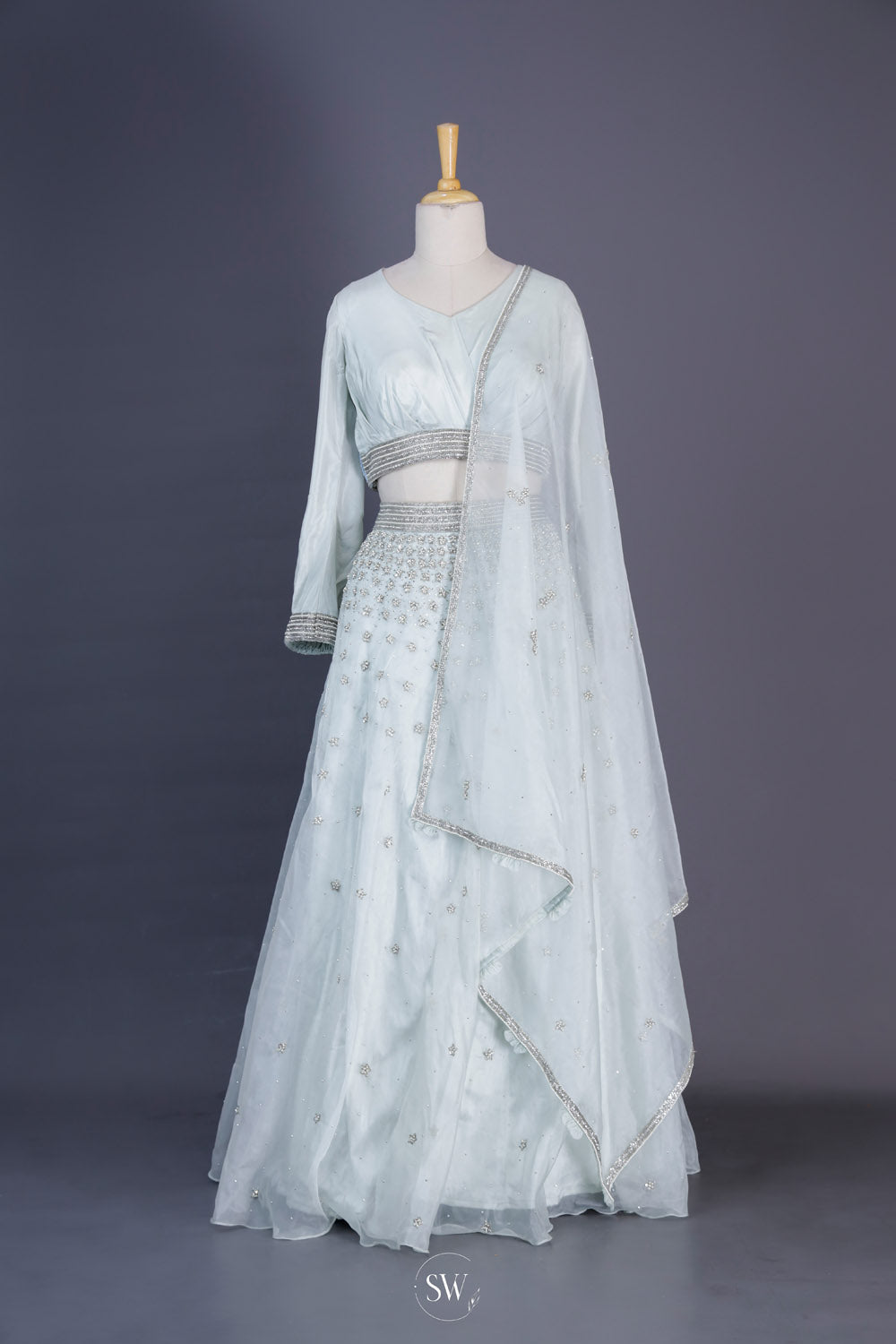 Pale Blue Net Lehenga Set With Embroidery Detailing