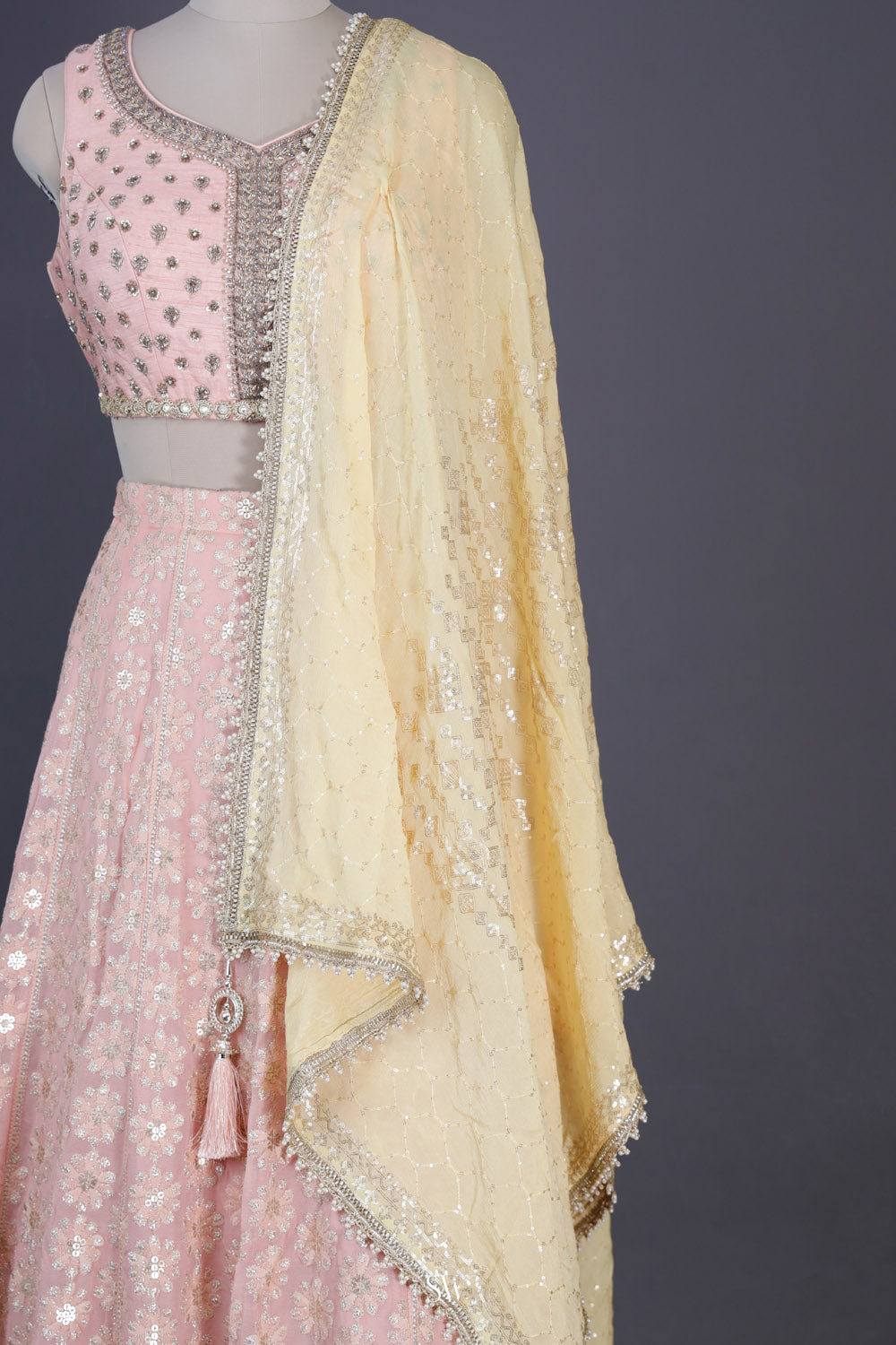 Peach Pink Georgette Lehenga Set With Embroidery Detailing
