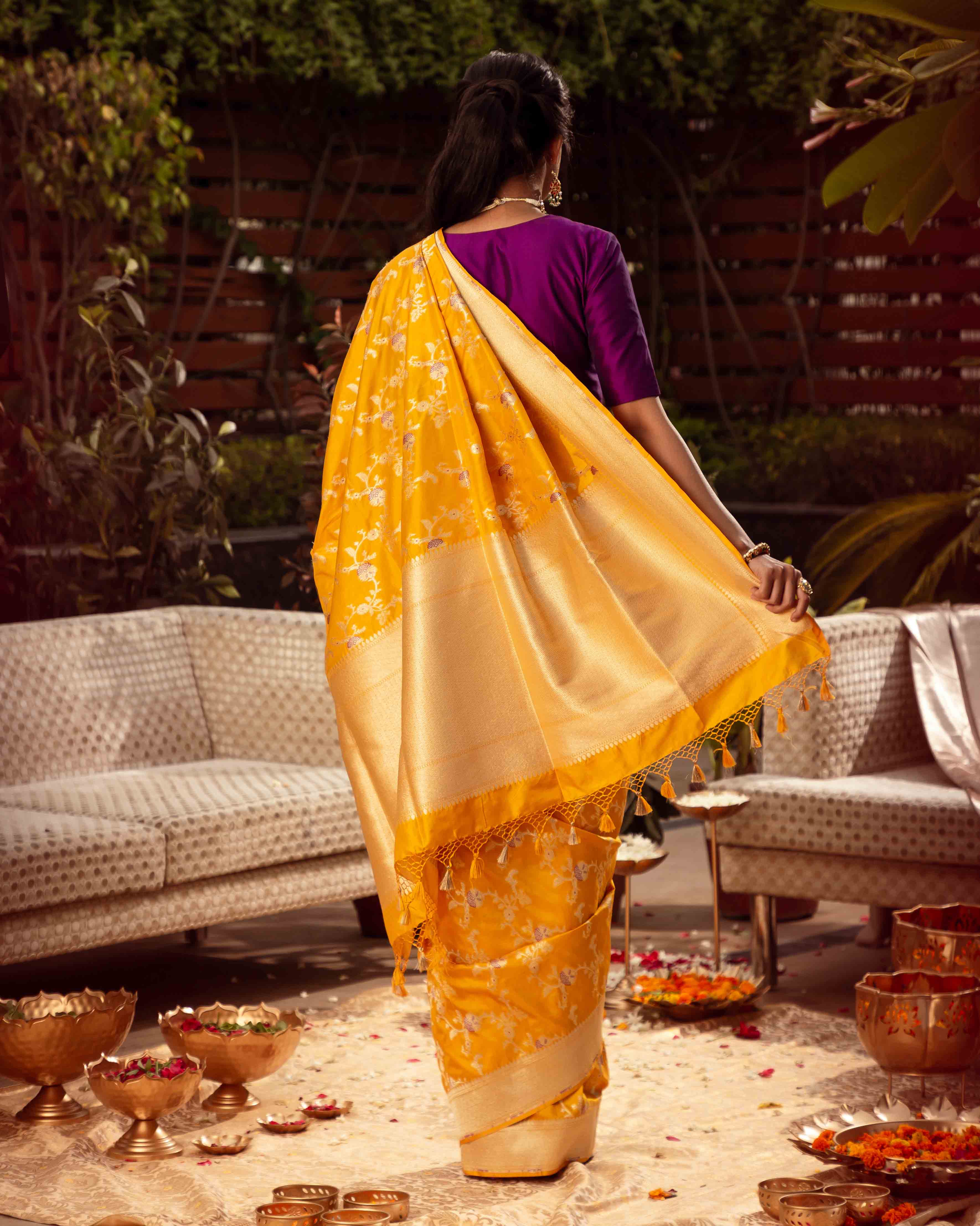 Bright Yellow Banarasi Silk Handloom Saree With Floral Pattern