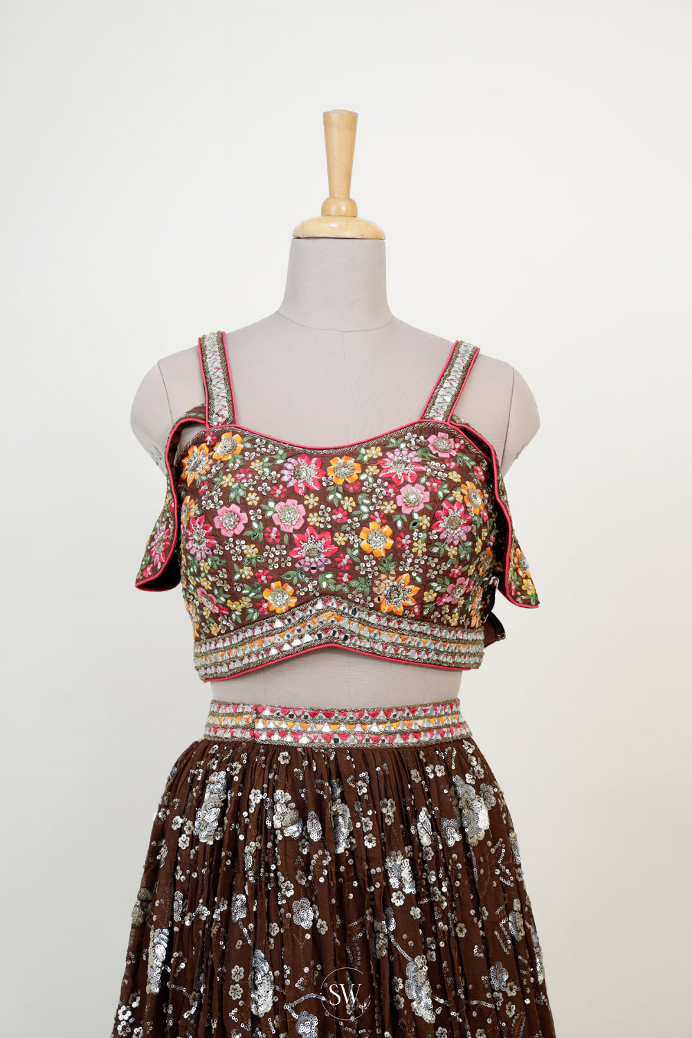 Deep Brown Silk Lehenga Set With Embroidery Detailing