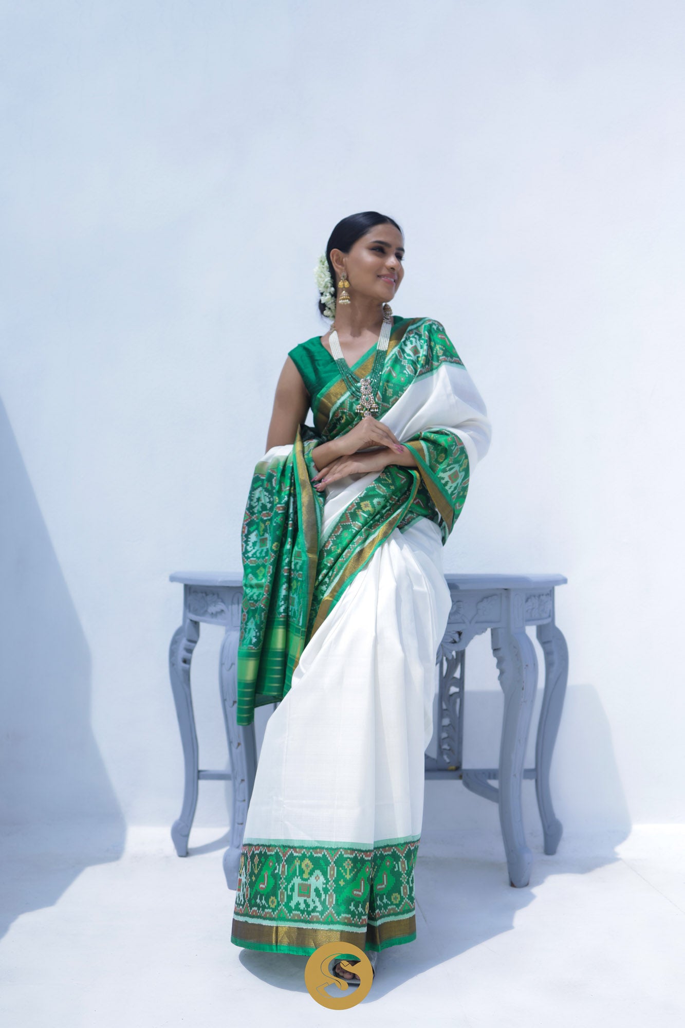 Bright White Ikat Silk Handloom Saree