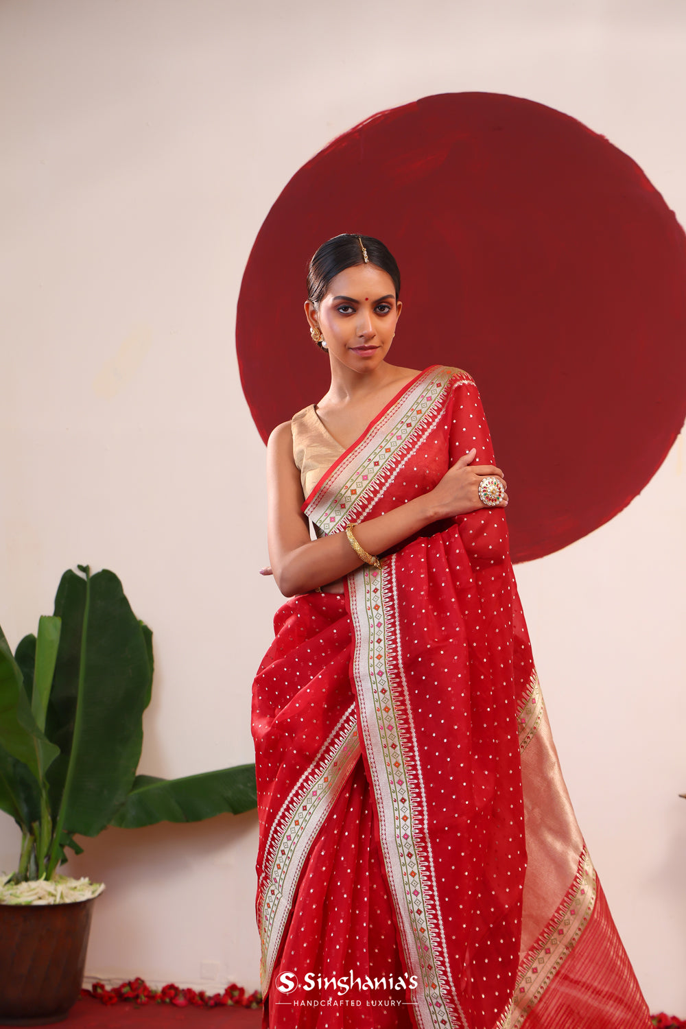 Deep Red Banarasi Organza Saree With Zari Butti