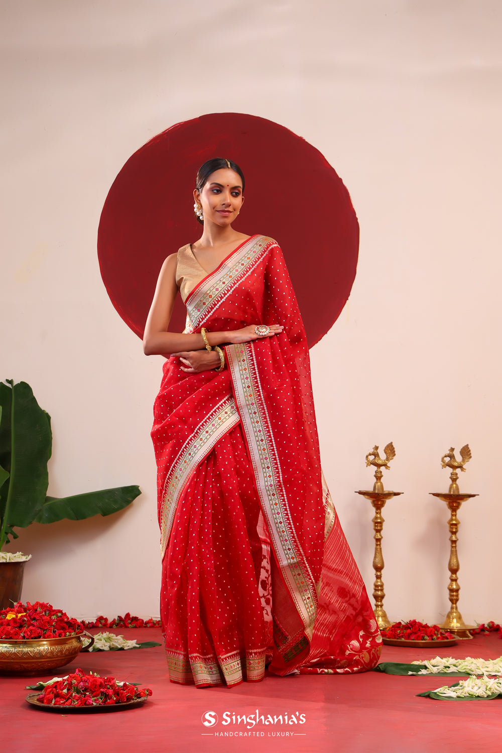 Deep Red Banarasi Organza Saree With Zari Butti