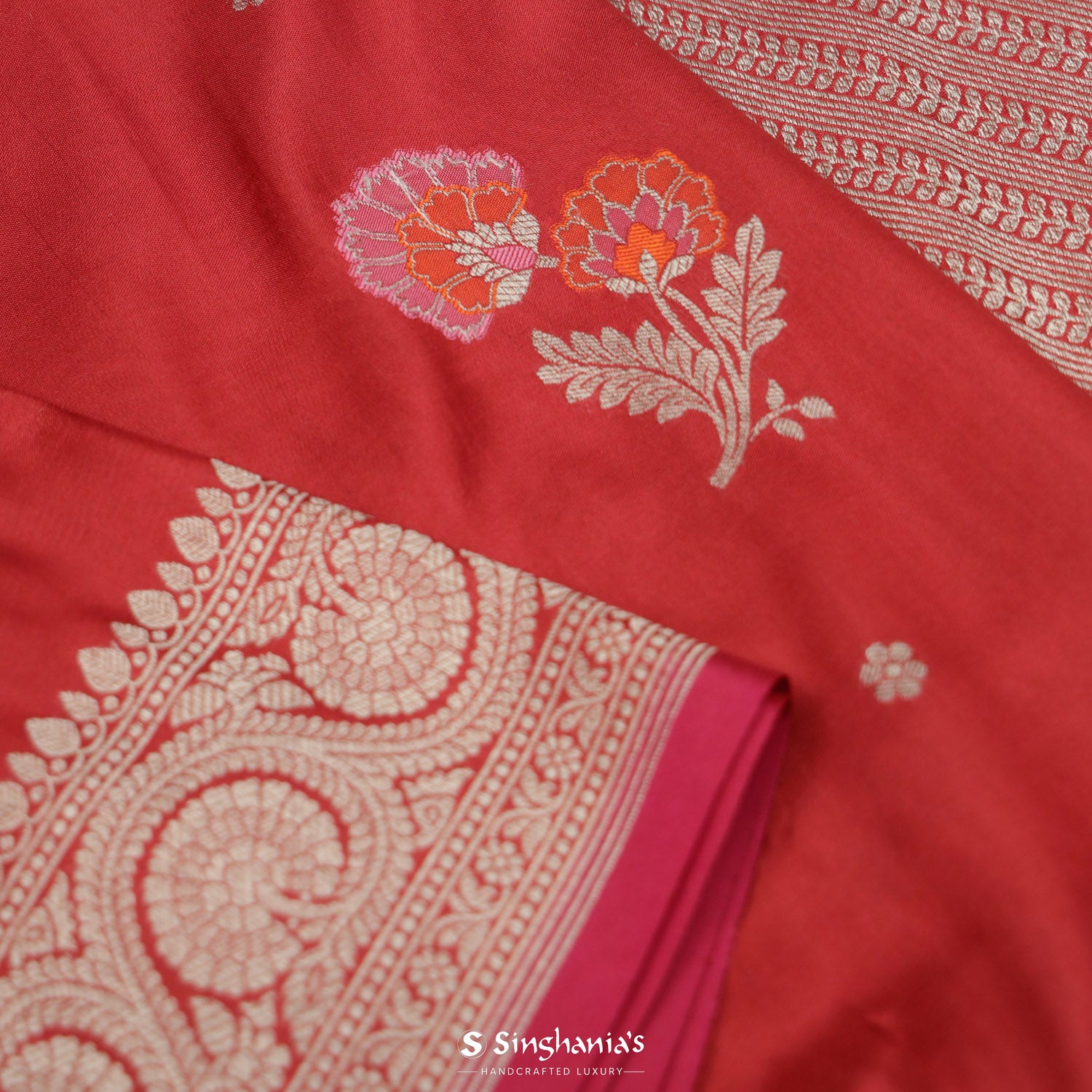 Husker Red Banarasi Saree With Meenakari Floral Weaving