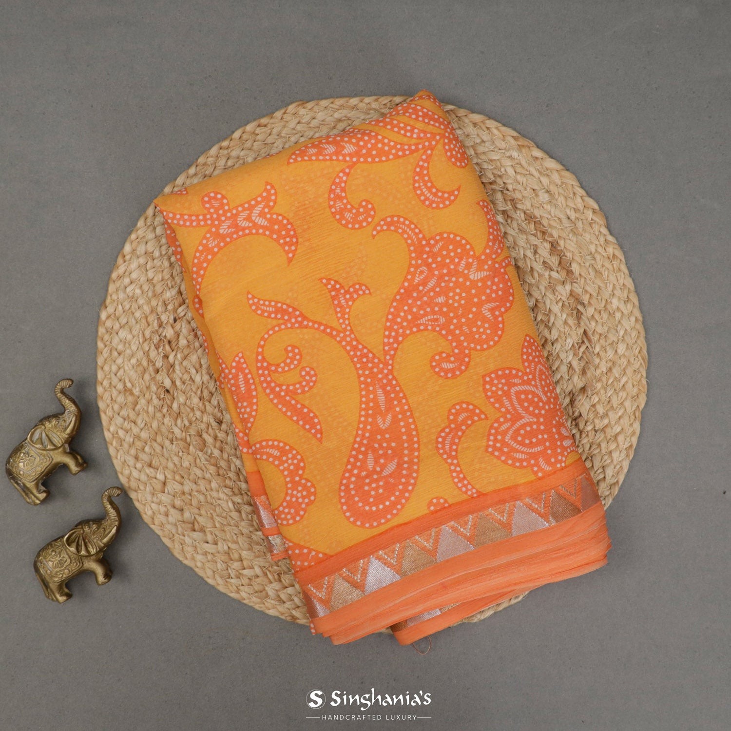 Minion Yellow Printed Chiffon Saree With Paisley Pattern