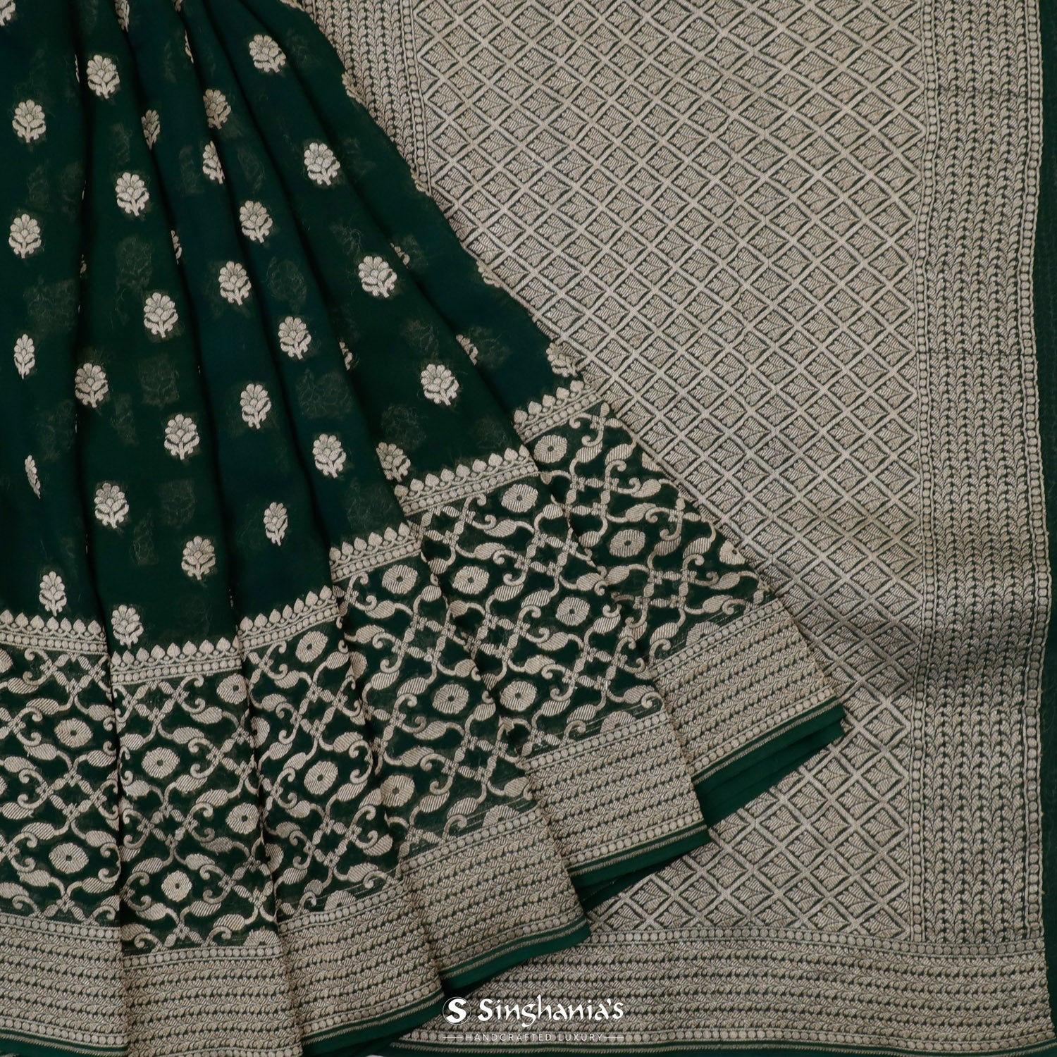 Sacramento Green Printed Georgette Saree With Banarasi Weaving
