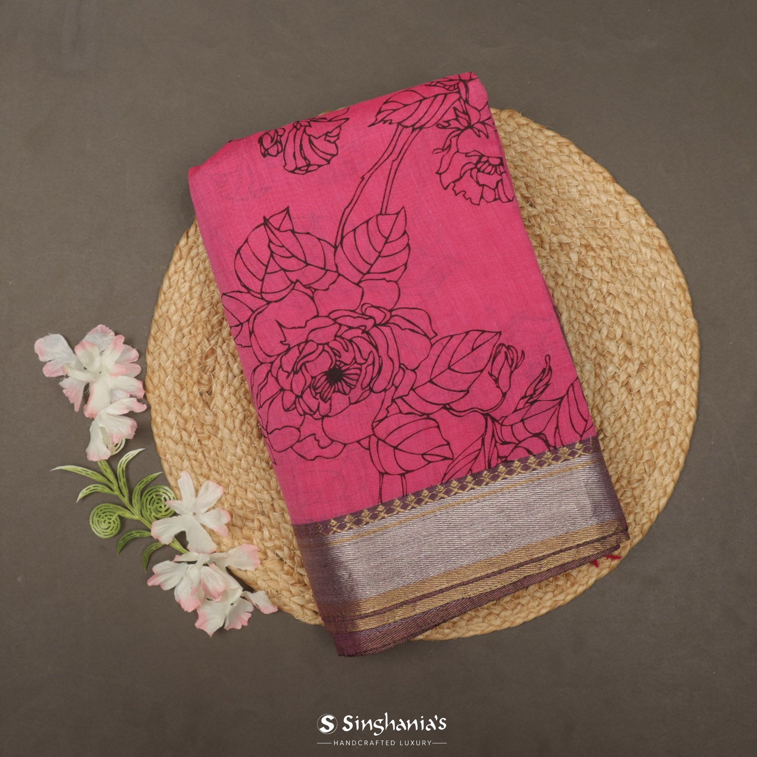 Dark Pink Cotton Saree With Printed Floral Pattern