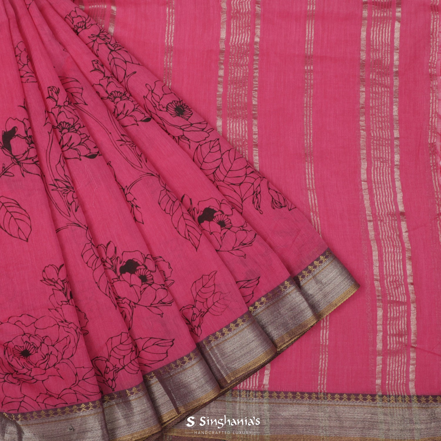 Dark Pink Cotton Saree With Printed Floral Pattern