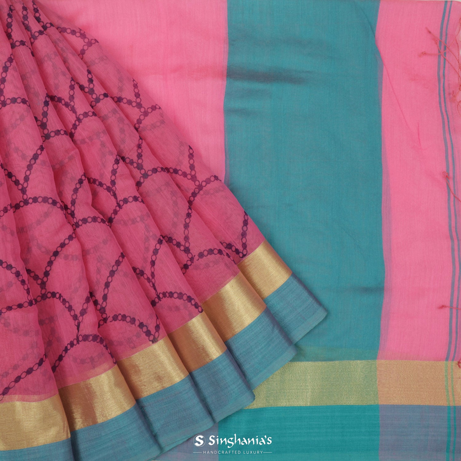 Blush Pink Cotton Saree In Printed Grid Pattern