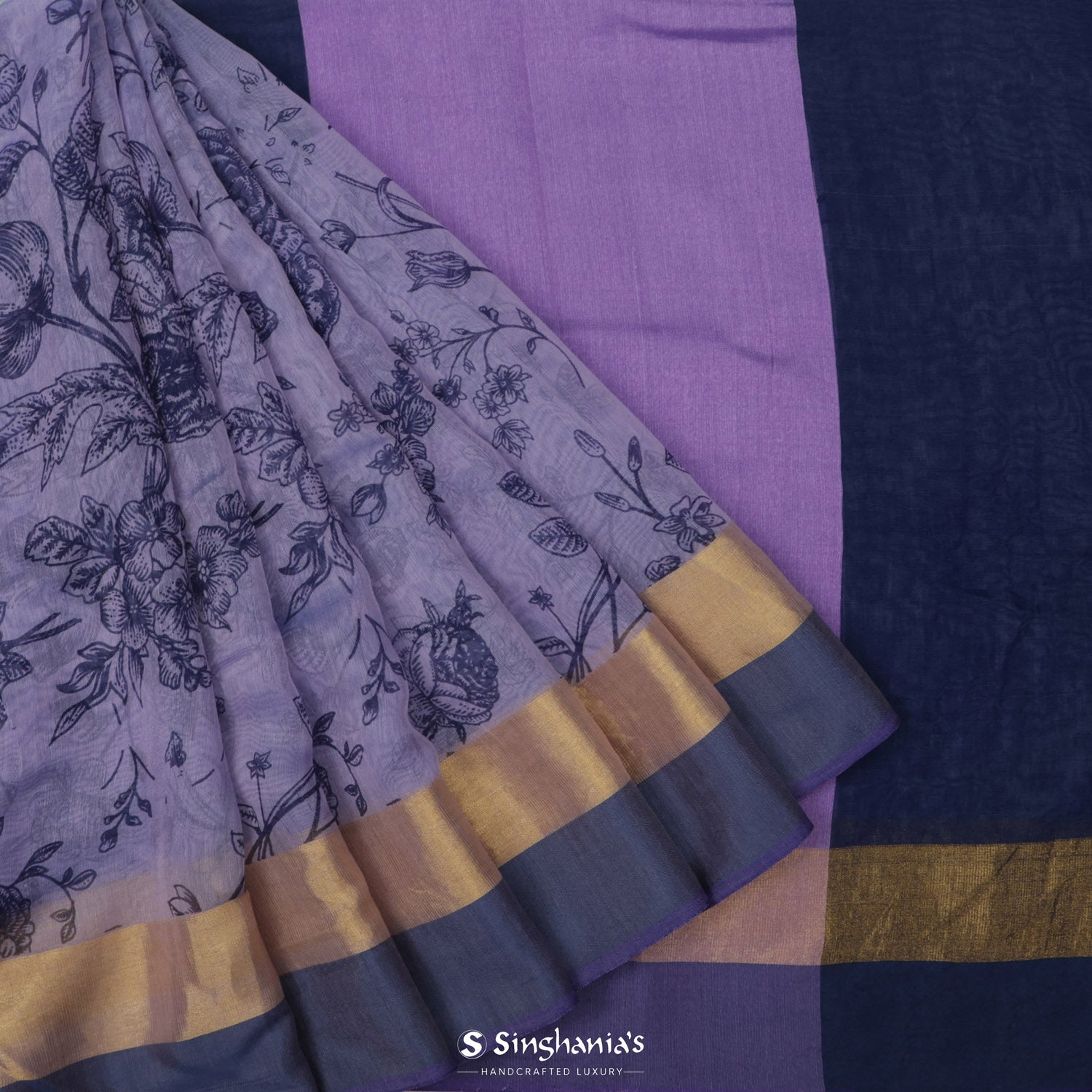 Lavender Gray Cotton Saree With Printed Floral Pattern