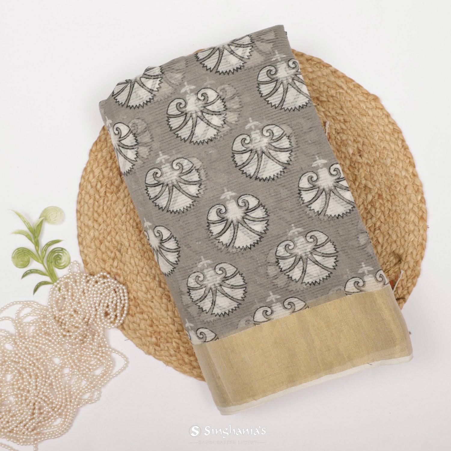 Dark Gray Cotton Saree With Printed Floral Motifs