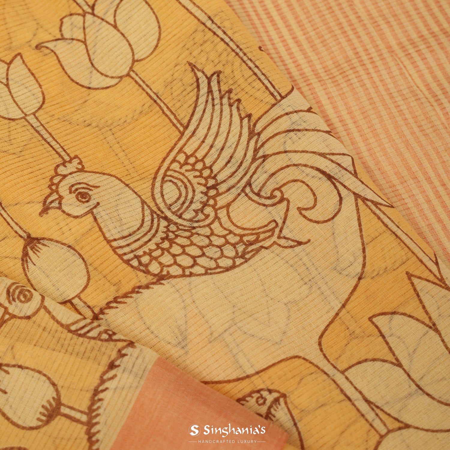 Pastel Yellow Printed Cotton Saree With Flora-Fauna Pattern