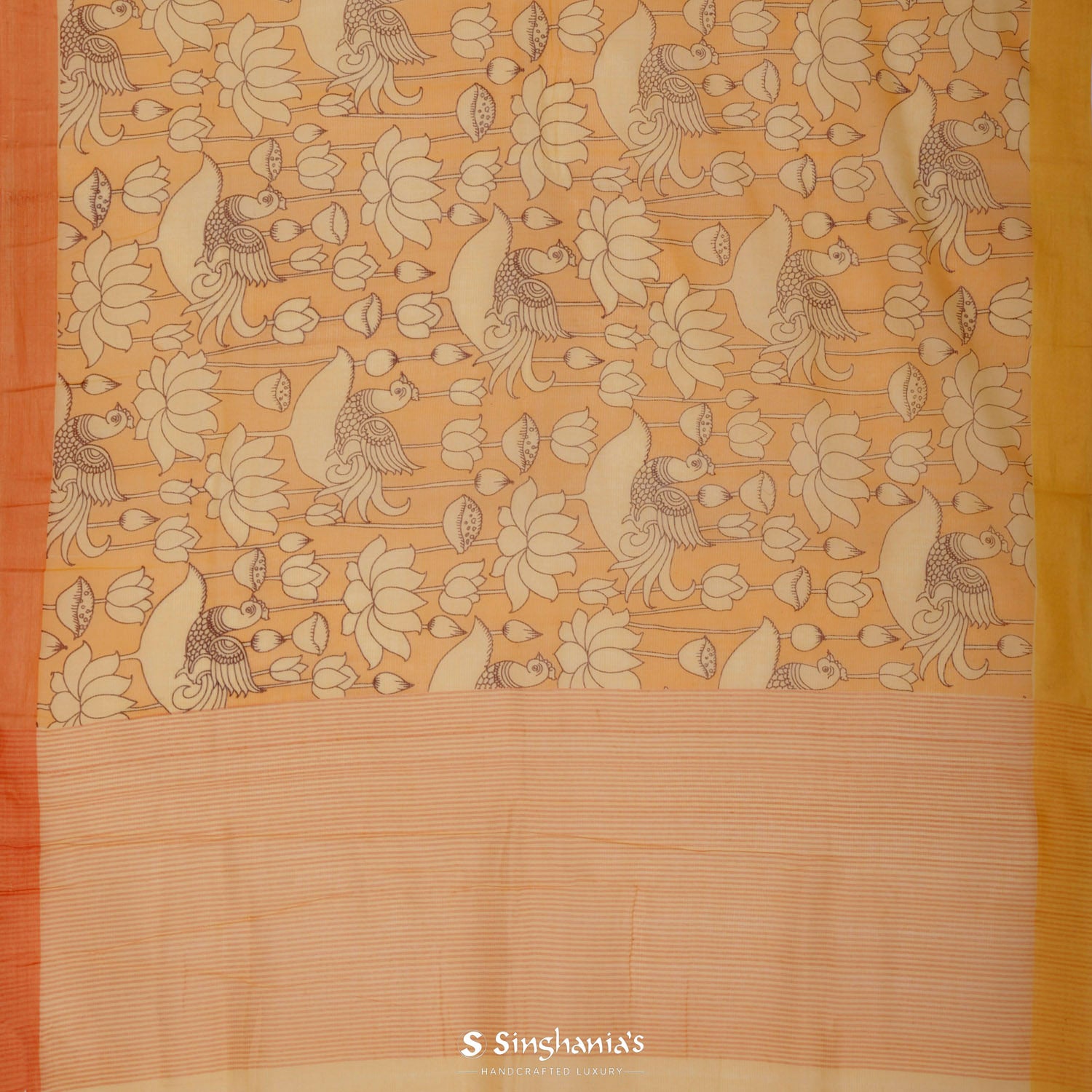 Pastel Yellow Printed Cotton Saree With Flora-Fauna Pattern